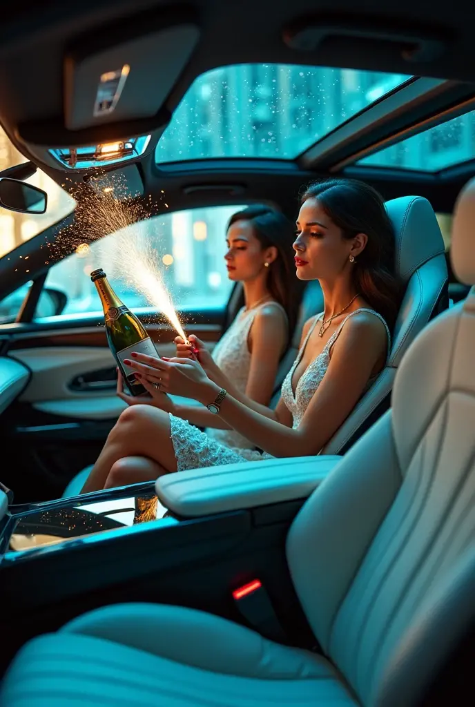 Car Photography、Popping champagne in a self-driving luxury car。The luxury car fills the screen.、4The stage is reflected on the screen。2 Sexy Beautiful Secretaries。
