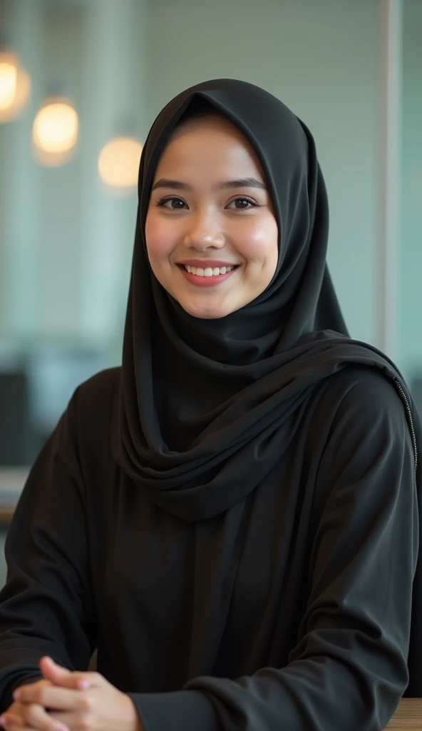 masterpiece, high quality image of a muslim lady sitting in an office, hijab, laptop, closeup,
