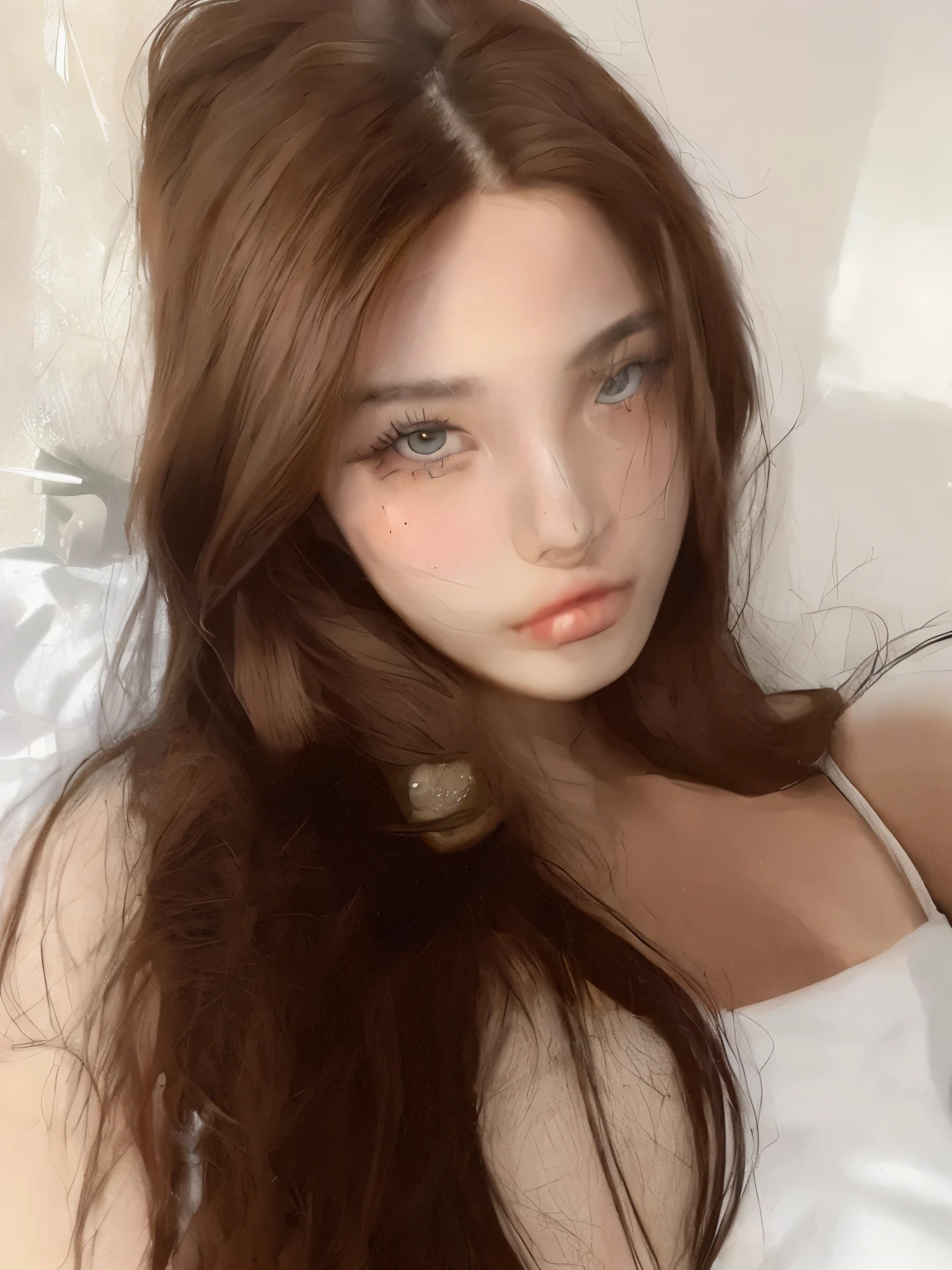 (masterpiece, best quality, ultra high res, beautiful detailed hair detailed face, perfect feminine face), (happy:1.2), sensual lingerie, (close-up potrait:1.2), face focus, ymir fritz, Bedroom,On Bed,Day,Windows, garter belt, garter straps,thighhighs, underwear, white bra,White lingerie, white Lace bra,White lingerie,White Lace panties, (gigantic breasts:1.3), huge cleavage, collarbone, bare shoulders, armbands, blue eyes, blonde hair,Long_hair,hairband,blunt bangs, 1 girl, 20yo,Young female,Beautiful Finger,Beautiful long legs,Beautiful body, Beautiful Nose,Beautiful character design, perfect eyes, perfect face,expressive eyes,perfect balance, looking at viewer,(Focus on her face),closed mouth, (innocent_big_eyes:1.0), (Light_Smile:0.3), lens flare, sharp focus, volumetric lighting, trending on artstation, pixiv, by sakimichan, george kamitani, akira yasuda, alphonse mucha, greg rutkowski, gil elvgren, william-adolphe bouguereau, official art,extremely detailed CG unity 8k wallpaper, perfect lighting,Colorful, Bright_Front_face_Lighting,White skin, (masterpiece:1.0),(best_quality:1.0), ultra high res,4K,ultra-detailed, photography, 8K, HDR, highres, absurdres:1.2, Kodak portra 400, film grain, blurry background, bokeh:1.2, lens flare, (vibrant_color:1.2),professional photograph, (Beautiful,large_Breasts:1.4), (beautiful_face:1.5),(narrow_waist)