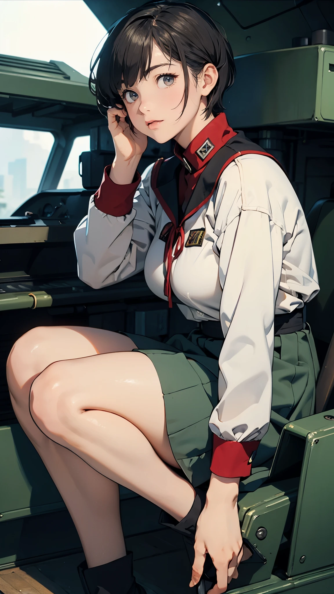  girl、Earth Federation Operator Girl Soldier、Black short hair、Large Breasts、Cute like an idol、ish face and appearance、Operator intercom mounted on head、Accurately drawn faces、thin、Earth Federation Army in a healthy knee-length skirt style、Knee-length、Inside the bridge of a battleship、Low angle shot、Anatomically correct、Accurate Fingers、Accurate Rimbuster Piece、Photorealization