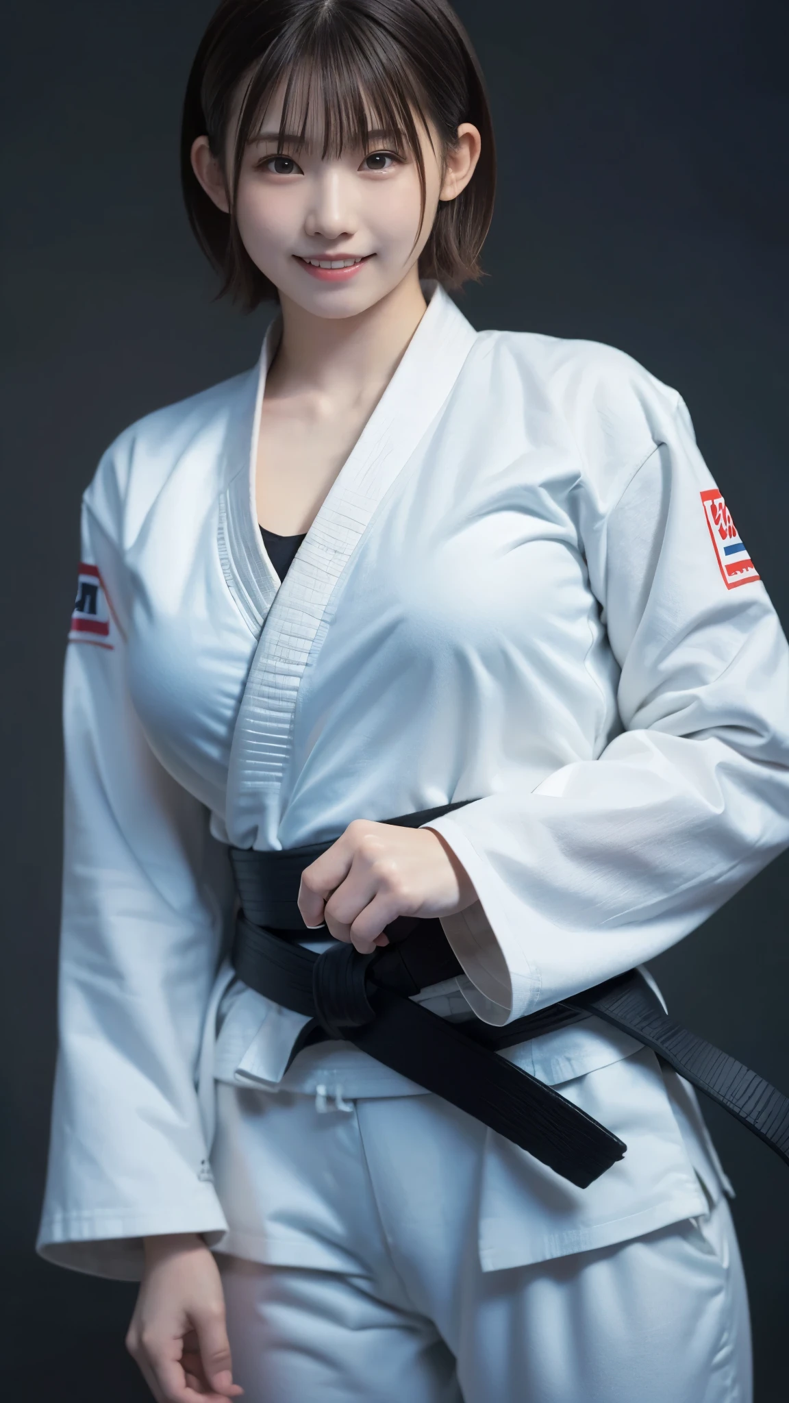 best quality ,masterpiece,Ultra high resolution, high definition RAW color photo , professional photography, natural skin texture , fine skin, Hyperrealism, smiles,gigantic breasts, dark blonde short bob hair,(Judo athlete, white judo suit ,black belt ),(minimal background ), Shrimp