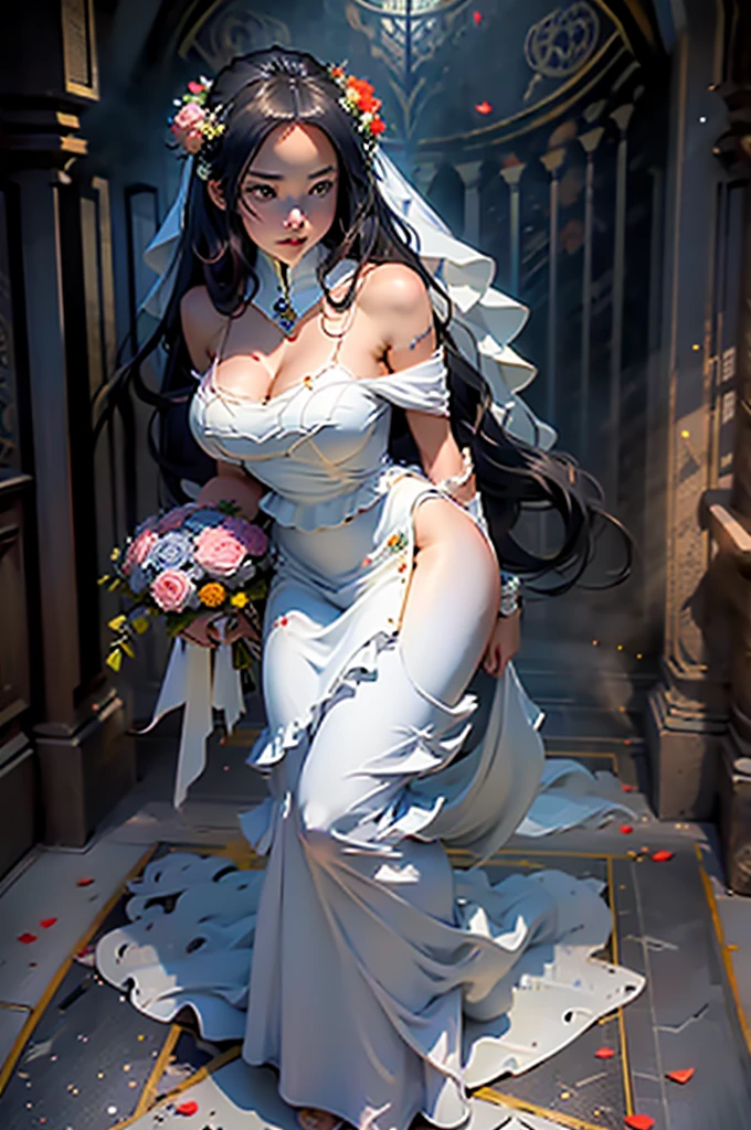 H1N4T4, ((long hair, black hair, bangs, glowing white eyes, blind. wide eyes, lipstick, makeup, narrow waist, skinny, medium breasts, alone, gloves, pale skin)), pelvic curtain, ((white dress, wedding dress, Scooped up the ass, gloves, tiara)), full body, perfect body, (insanely detailed, beautiful detailed face, masterpiece, best quality) , (((solo))), (((1girl))), (((mature))), (extremely detailed 8k paper CG wall unit: 1.1), (wedding, konohavillage, konoha gate walls, flower, at dawn, zebra cross, cloudy sky, dusk), (smile face for the viewer), big ass, from back, behind, View from above, Diagonal view