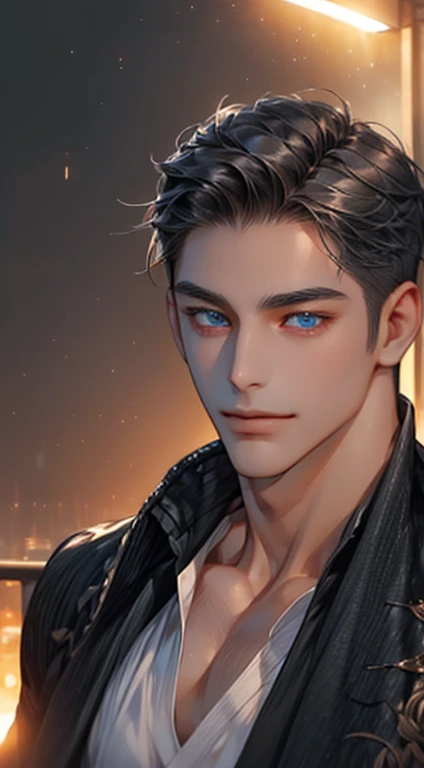 (best quality,4k,8k,highres,masterpiece:1.2),ultra-detailed,(realistic,photorealistic,photo-realistic:1.37),1 man,31 years old,mature man,very handsome,without expression,smile,short grey black hair,blue eyes,penetrating gaze,perfect face without errors,imposing posture,businessman,office background,cinematic lighting,hdr image