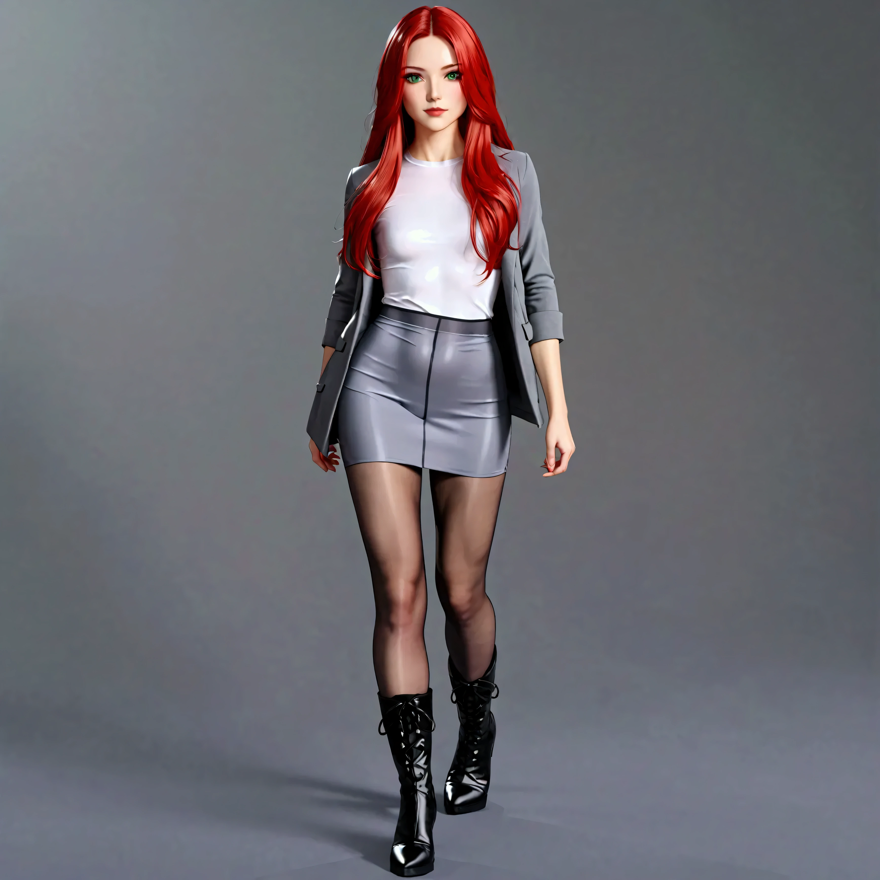 background=castle ; character=25 years old woman, very long red hair, green eyes ; tight white t-shirt ; gray jacket ; gray mini-skirt ; black transparent pantyhose ; black boots.