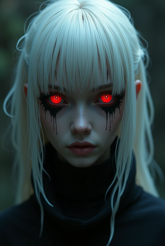 A Girl With White Hair, Red Eyes,Black Skin and also a creepy smile