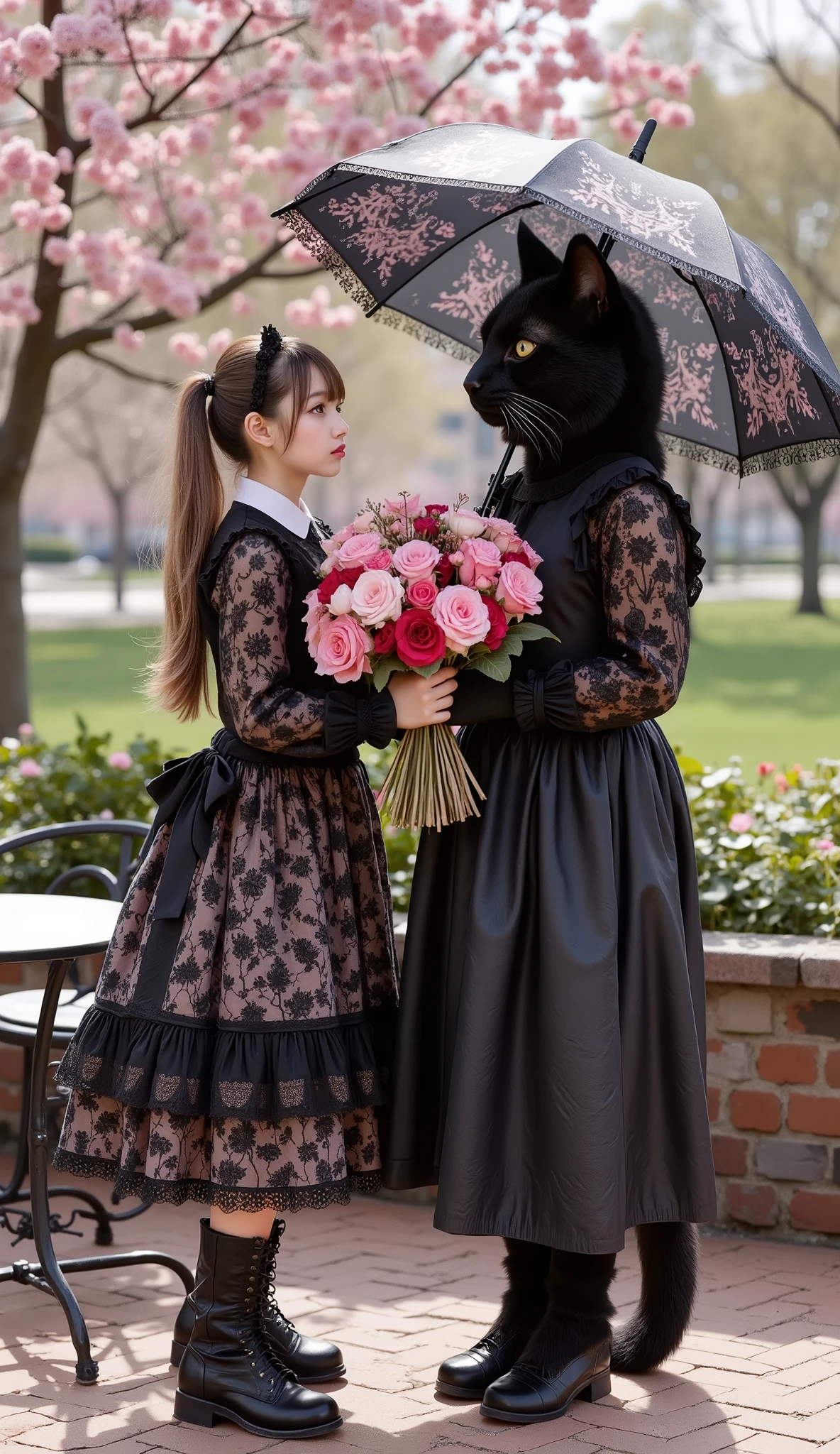 ultra-realistic, photorealistic, dramatic scene, shadow, global-illumination, 1 girl\( 20 years old Japanese beautiful girl, beautiful with cute face, wearing a gothic ta costume, long twin tails, slight opened mouth, holding an gothic lolityled umbrella\), 1 human-like giant black cat\( human-like giant black cat, big, tall, male cat but dressed as female gothic lolita, ing a very gorgeously decorated gothic lolita costugothic styled hat, slight taller than the girl, chubby\), the girl and human-like giant black cat are standing in the flower park and holding a gorgeously decorated large flower bouquet, in front of the terrace seat of a brick antique cafe, antique table and chair, they are enjoying their holiday with gothic lolita cosplayinhey are surrounded by many kind of flowers in full bloom, enveloped in a dreamy atmosphere,