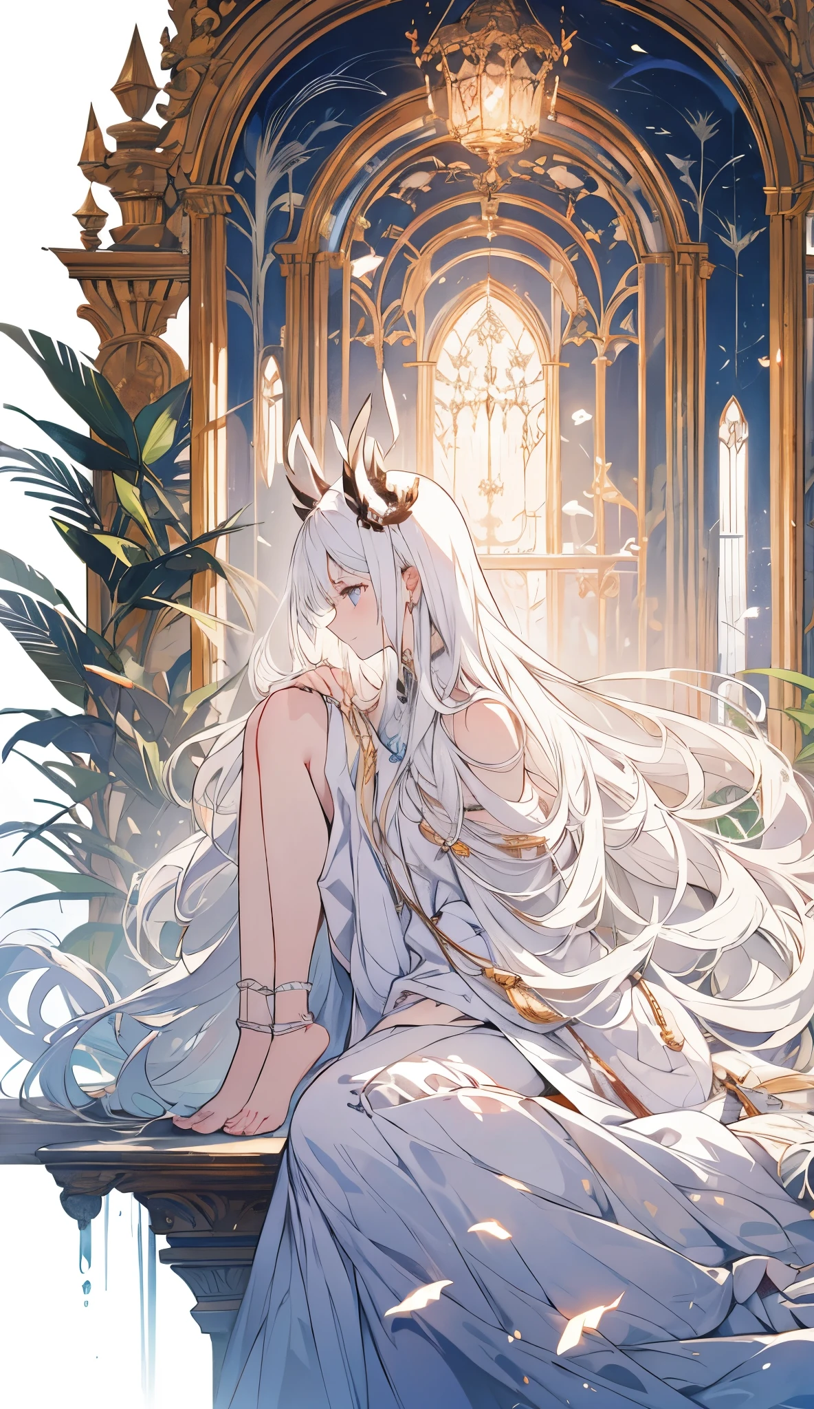  a demon girl , ((((sitting in profile)))), ((((long horns)))), ((((white horns)))), ((((light white hair,  long straight hair )))), ((((white eyelashes)))), luminous neon blue eyes , (((( completely white clothes )))),  white skin , ((( demon girl with a light and delicate smile,  gently touching her hair ,  calm and peaceful expression ,  delicate feet))), Face of purity ,  full body costume, ((((white background com luzes brancas)))), { 16k CG unit wallpaper},  expansive landscape photograph , ( wide view of open field ),  Complex details , ( bright lighting ), ( atmospheric lighting ),  the purest and cleanest white