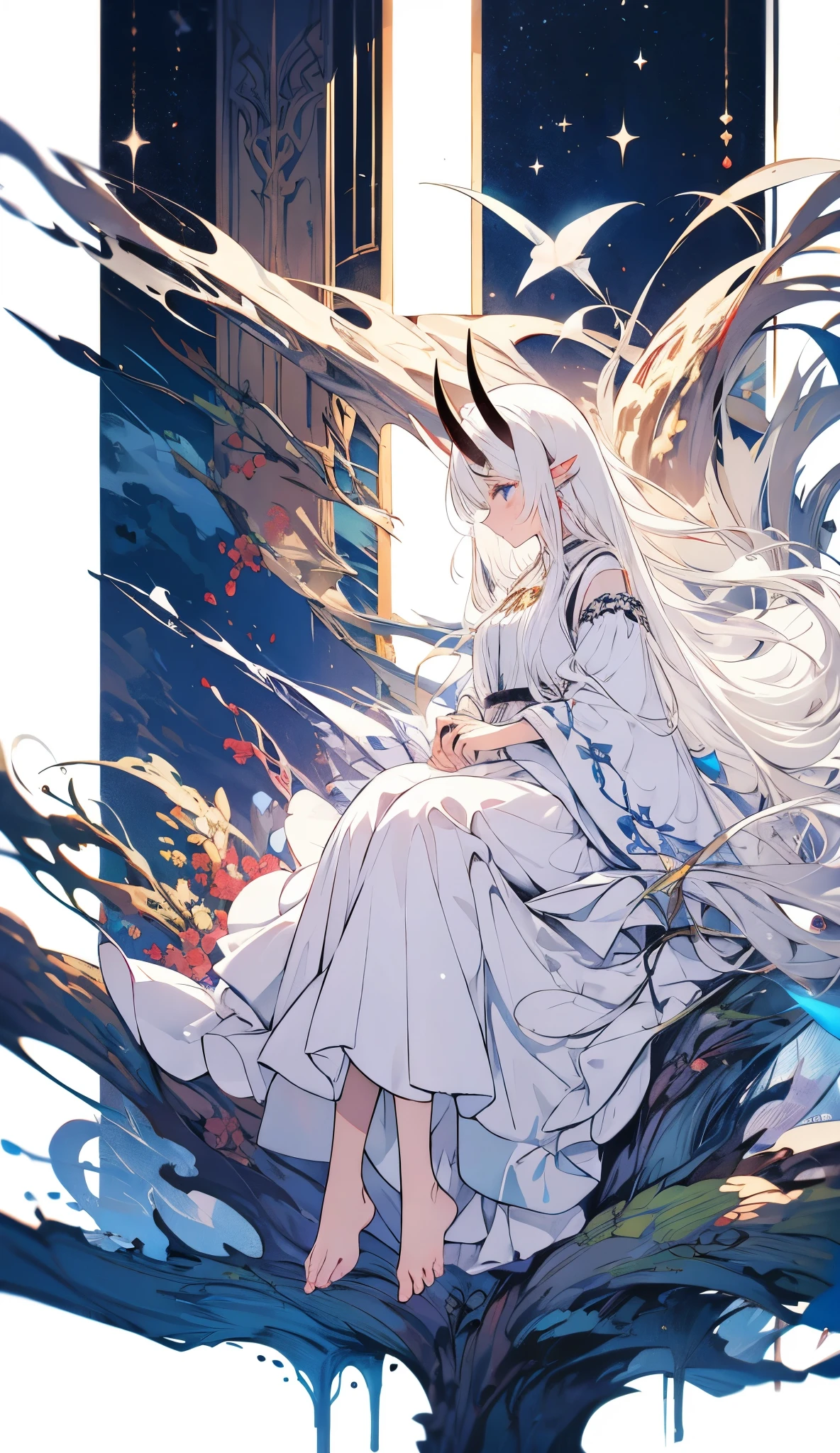 a demon girl , ((((sitting in profile)))), ((((long horns)))), ((((white horns)))), ((((light white hair, long straight hair )))), ((((white eyelashes)))), luminous neon blue eyes , (((( completely white clothes )))), white skin , ((( demon girl with a light and delicate smile, gently touching her hair , calm and peaceful expression , delicate feet))), Face of purity , full body costume, ((((white background com luzes brancas)))), { 16k CG unit wallpaper}, expansive landscape photograph , ( wide view of open field ), Complex details , ( bright lighting ), ( atmospheric lighting ), the purest and cleanest white