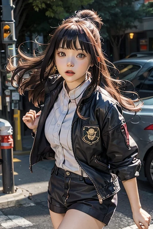 Wearing a leather jacket and leather pants on your bare skin、Junior high school girl showing small breasts