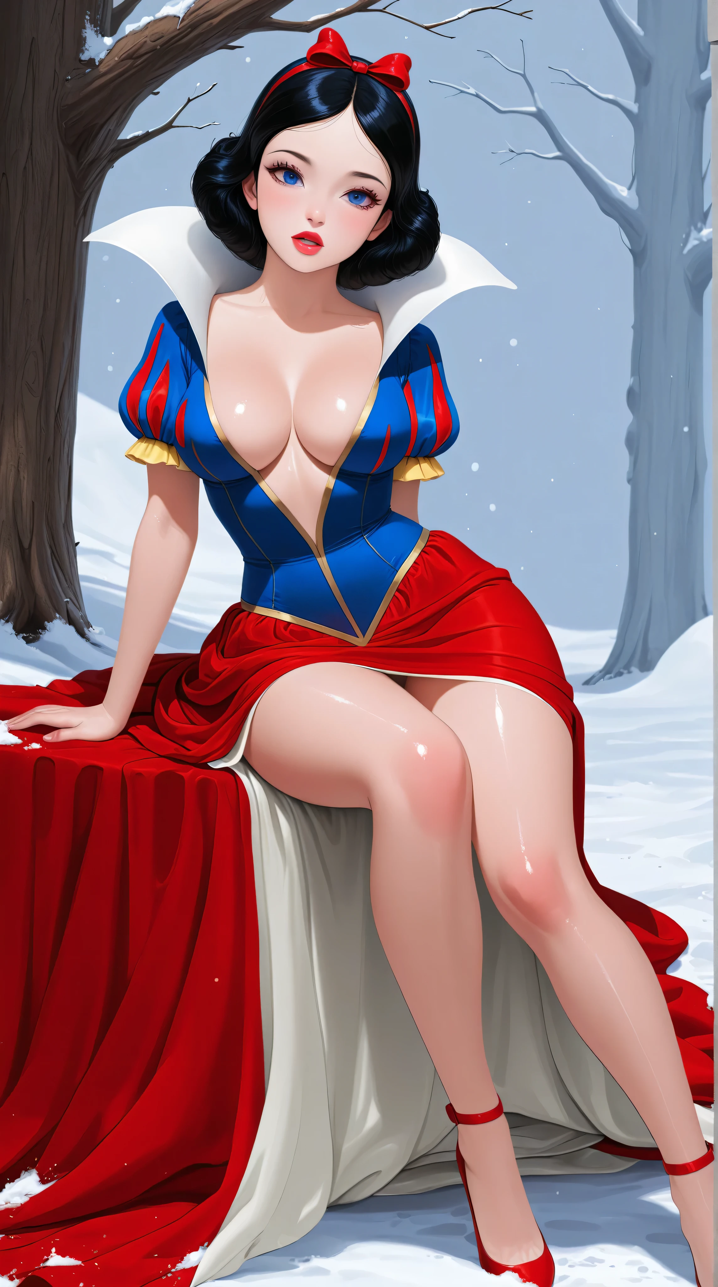 Snow White naked without clothes bare breasts gives blowjob to dwarf sucks dick