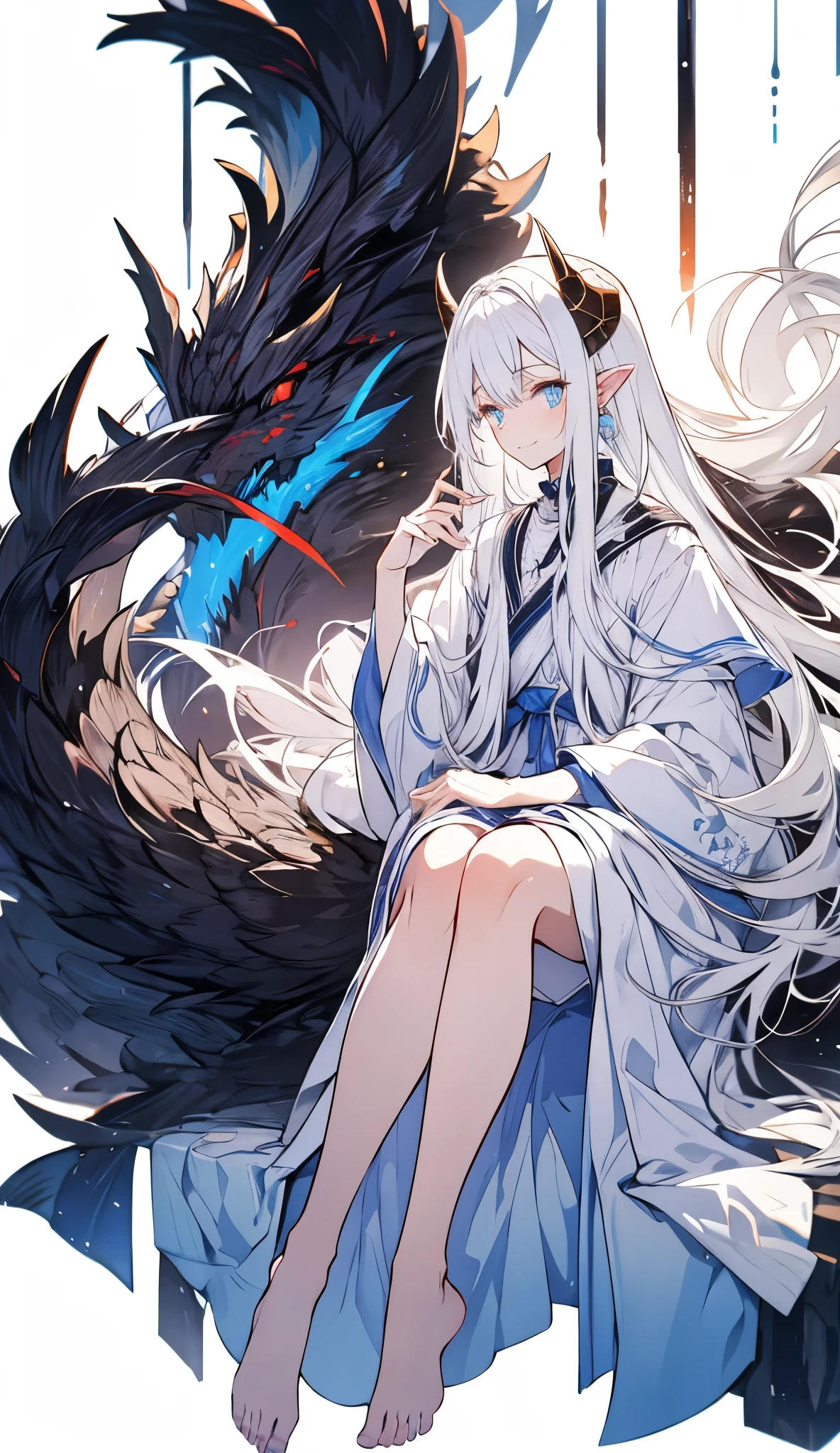  a demon girl , ((((sitting in profile)))), ((((long horns)))), ((((white horns)))), ((((light white hair,  long straight hair )))), ((((white eyelashes)))), luminous neon blue eyes , (((( completely white clothes )))),  white skin , ((( demon girl with a light and delicate smile,  gently touching her hair ,  calm and peaceful expression ,  delicate feet))), Face of purity ,  full body costume, ((((white background com luzes brancas)))), { 16k CG unit wallpaper},  expansive landscape photograph , ( wide view of open field ),  Complex details , ( bright lighting ), ( atmospheric lighting ),  the purest and cleanest white