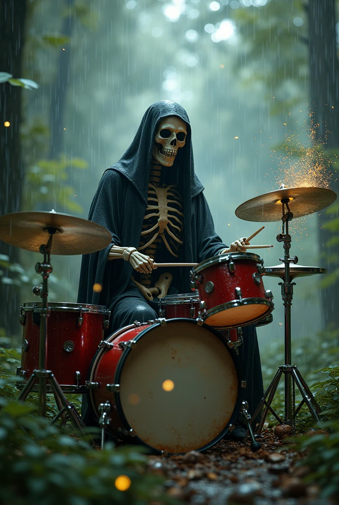 Drummer dressed as death playing on his full black drum kit in the burning forest on a moonlit night next to wolves with red eyes