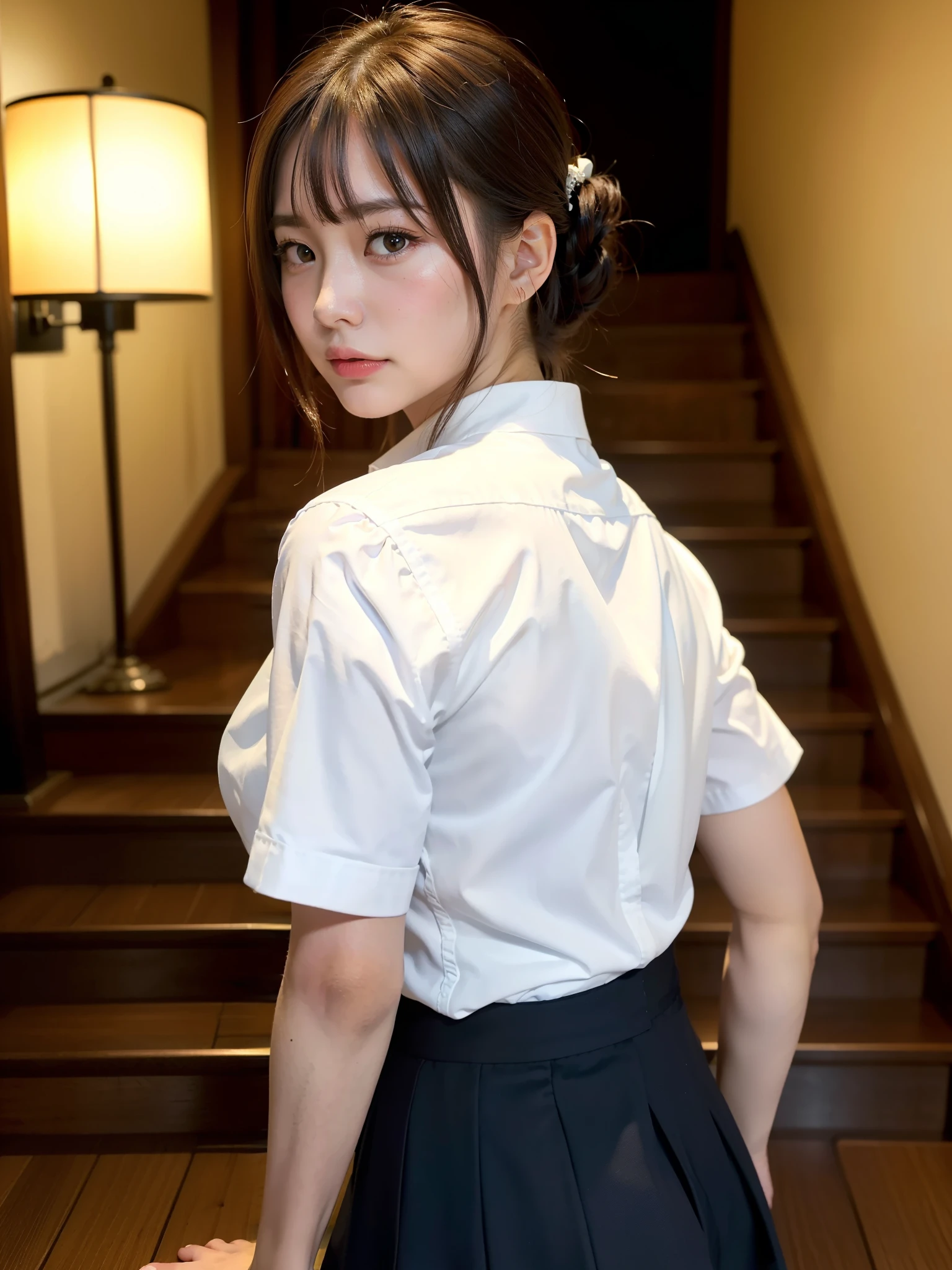 Kidnapped Woman、His hands are tied、((Place your hands behind your back))、((Place your hands together and cross them behind your back))、(((Her wrists are tied with rope)))、shibari、Beauty、20age、university student、(anatomicaly, Has two arms and two hands)、In a hotel room with the lights on、Stand by the window、Outside the window is the night sky、There are many stars、Wearing a short-sleeved blouse、Wear a high school student-style miniskirt、Uniform eyes、Proportioned proportions、Small breasts、Small face、(I can see from head to heel), Black Hair, bangs, swept bangs, Straight hair, Nervous, Messy Hair, Floating hair, Cinema Lighting, tachi-e, First-person view, throw, From behind, F/1.2, Nikon, Surrealism, 超High resolution, Highest quality, High resolution, 8k, Textured skin, anatomicaly正しい体,