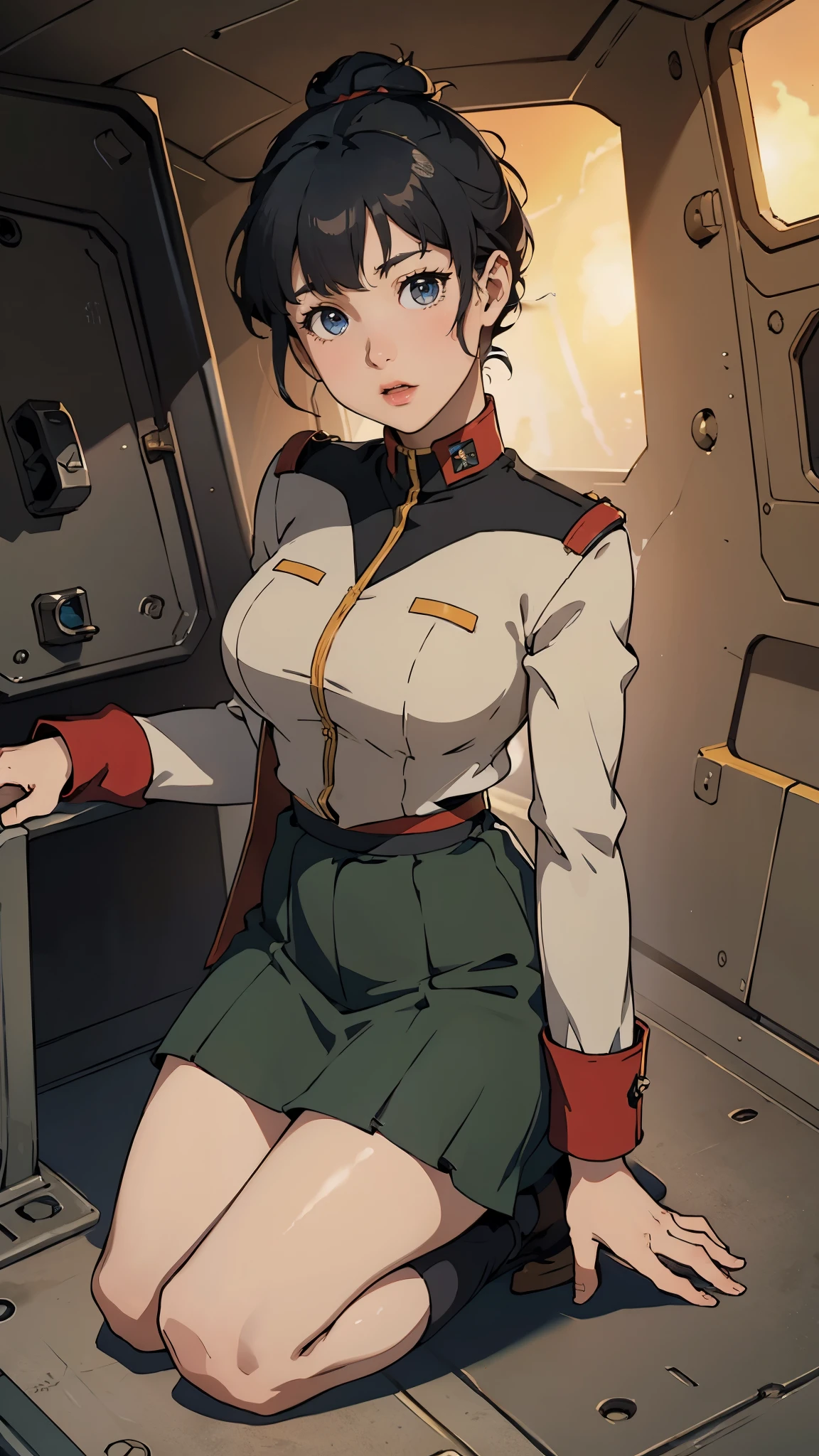 girl、Earth Federation Operator Girl Soldier、Black short hair、Large Breasts、Cute like an idol、ish face and appearance、Operator intercom mounted on head、Accurately drawn faces、thin、Earth Federation Army in a healthy knee-length skirt style、Knee-length、Inside the bridge of a battleship、Low angle shot、Anatomically correct、Accurate Fingers、Accurate Rimbuster Piece、Photorealization