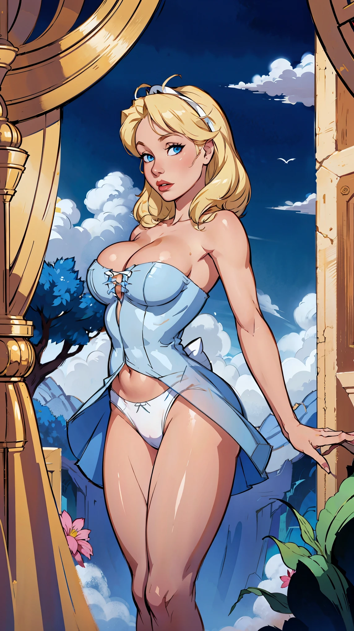 Alice Wonderland, Short transparent blue dress , showing panties, Masterpiece, Best Quality, Large breasts, Blue eyes, Blonde Hair, Looking at viewer, posing sexy, white panties, up skirt