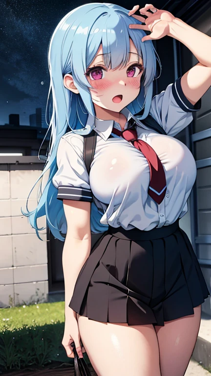 high quality, high resolution,(((nsfw))),(((night))),(((outdoor))),(((a office lady))),(((beautiful face))),(((big eyes))),(((blue hair))),(((braid))),((flat chest)),(small areola),((sweaty skin)),  
BREAK,(((bare breasts))),(((show off nipple))),(((business suit))),((Tight Skirt)),((long sleeves)),(((pantyhose))),
BREAK,((excitement)),((embarrassed:1.5)),(red cheeks),
BREAK,(((model posing))),((spread legs:1.8)),(((arms behind back))), 
BREAK,(((Angle from below))),(looking at viewer),(((focus on pussy)))