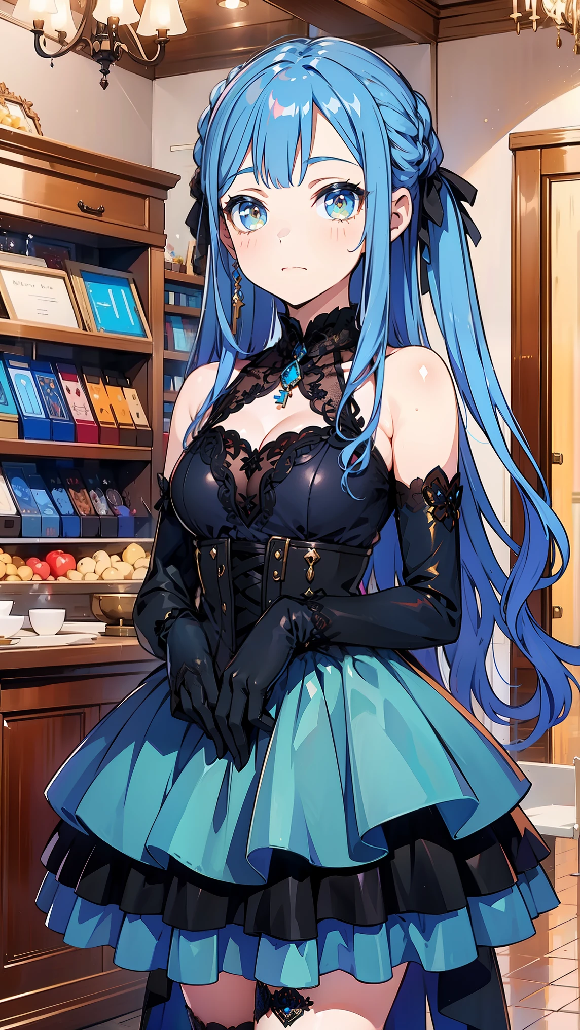 ( 1 girl ), cute young girl, blue hair , ( long hair with double ponytail), Gothic clothing , ****Wear a skirt, Black Rose, jewelry costume , Black Lace-Up Booties , ( cowboy shooting ), cute, 8K, ( Gillay Fashion ), (( masterpiece)), (( BEST QUALITY )), ( super detailed :1.2), ( HD:1.3), ( Professional Photography :1.4), ( Key Points ), Perfect light , ( ), , Eyeliner, Unleash Magic ,Royal Princess,Princess Decorates ,Lace gloves,Lace skirt, Luxury clothing ,Main Street,Shop,, Fashion Dress