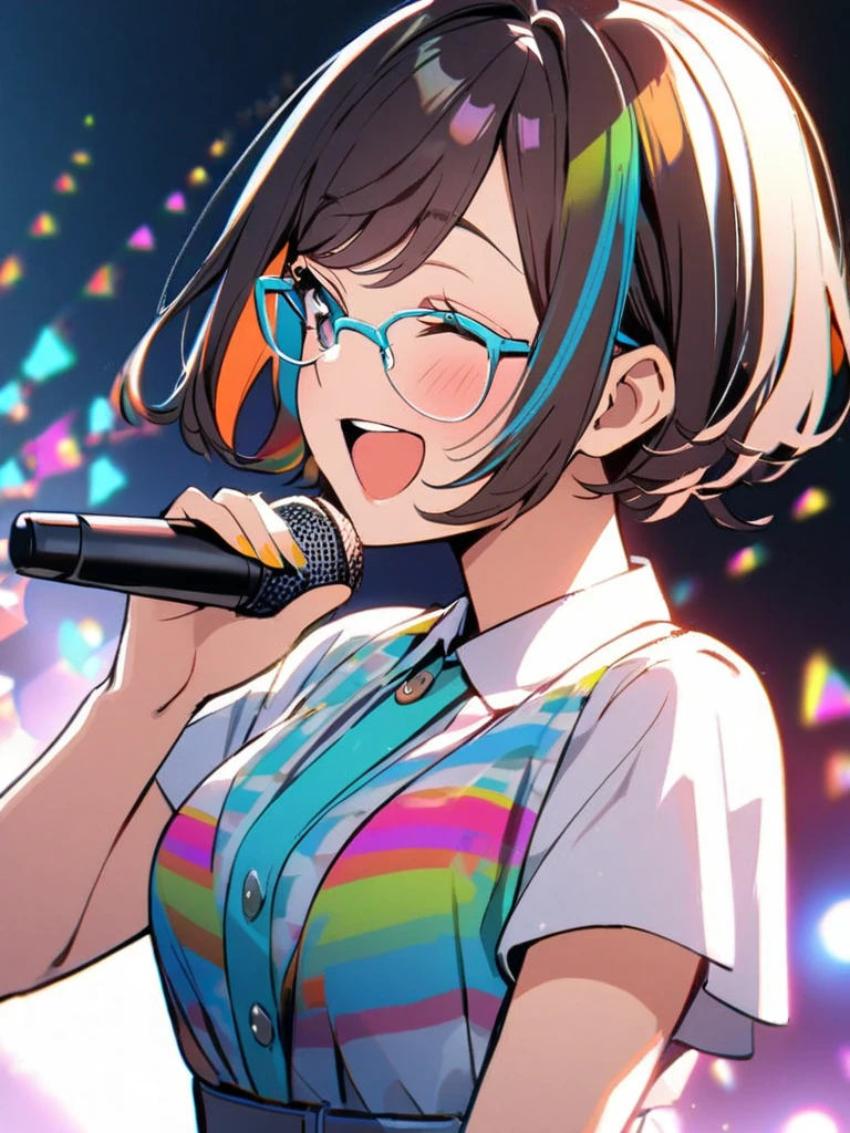 1girl , stylish,shorthair、 bright,Dark hair 、 holding a microphone 、 colorful, 8k、glasses 、Laugh proudly
