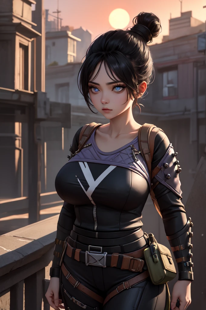 ( masterpiece , best quality:1.2), spectrum (Apex Legends), 1 , Alone, single hair bun , hair bun , OVERALLS, echarpe, black OVERALLS, holding, , black hair, black echarpe, large , blue eyes, belt, brown belt, fringe, parted fringe, hair behind the ear , shezfe , piercing no nariz, Black Shezfe , Thigh strap , , architecture, sanctuary , outdoor, red sun
