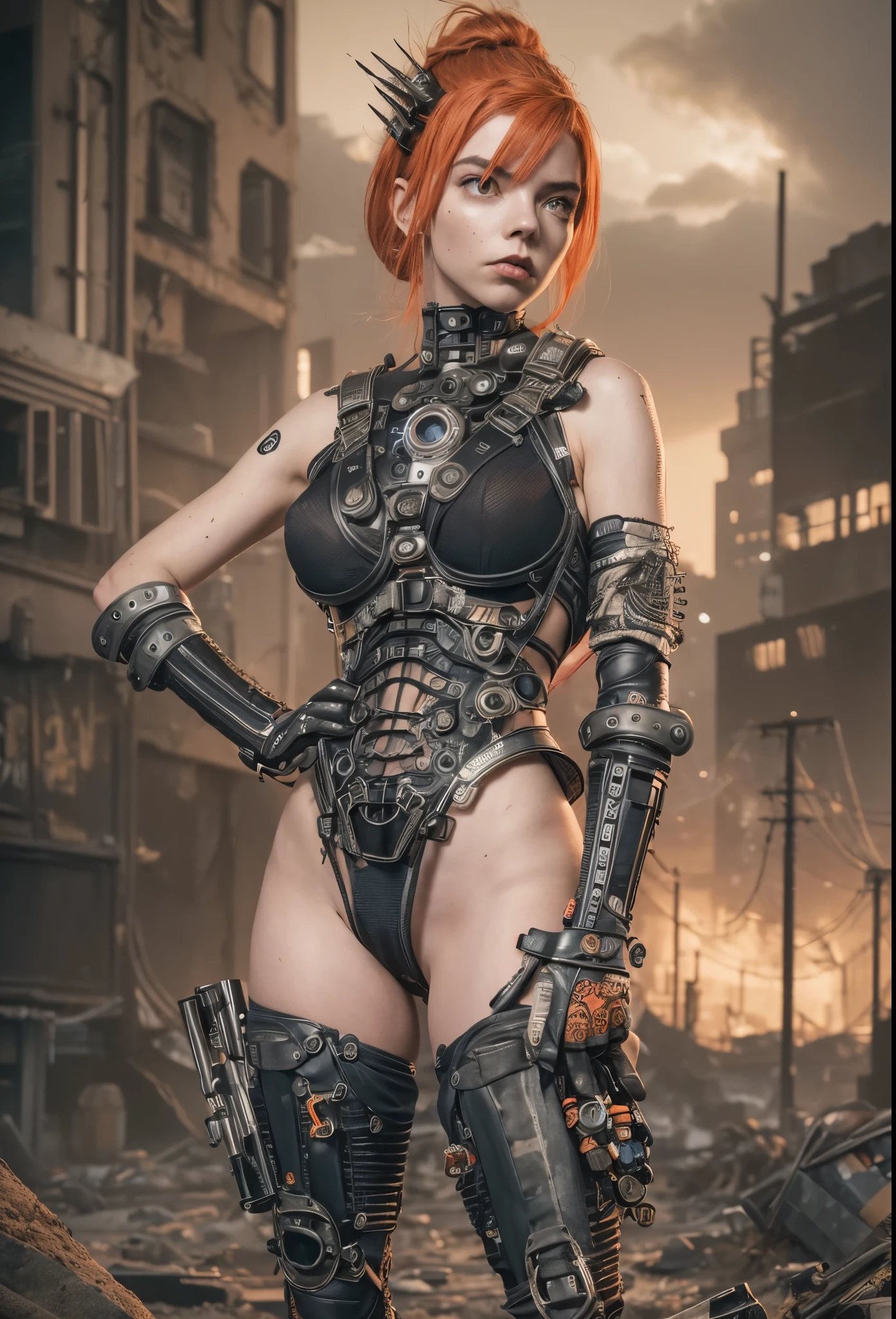 (((mulher))), (((melhor qualidade))), (((obra prima))), (((adulto))), A highly detailed and realistic skull girl,( Anya. Taylor Joy) cyberpunk character, mad max furiosa, one hand robot, cyborg arm, orange hair, dramatic metal heavy rock theme, best quality, 8k, hyperrealistic, photorealistic, extreme detailed painting, studio lighting, vivid colors, dark moody atmosphere, cinematic, dramatic pose, intricate mechanical details, glowing energy effects, intense gritty textures, seamless integration of organic and inorganic elements. Wearing the used clothes of a wastelander. Background: An apocalyptic wasteland. Dusty and depressing.