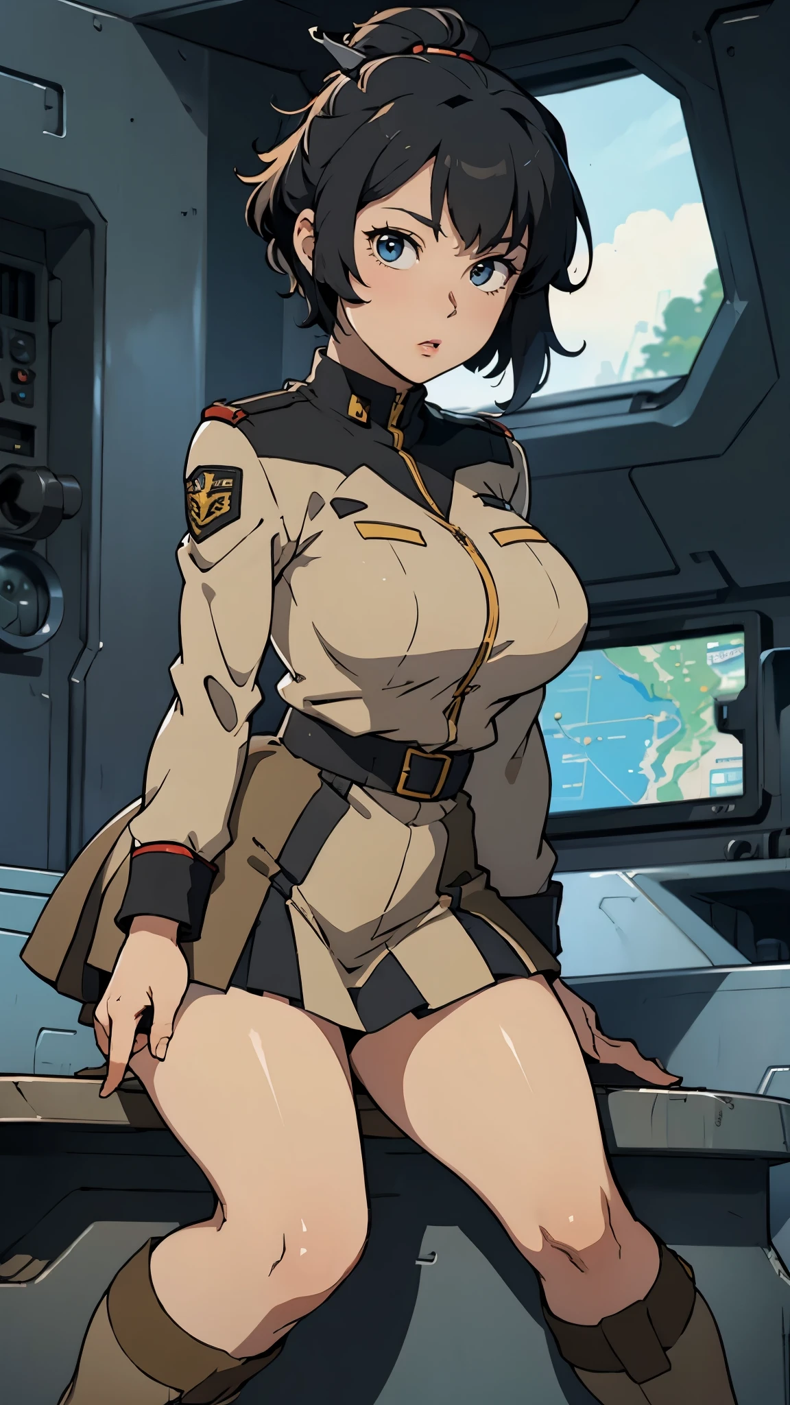 (8k, best quality, masterpiece:1.2), (ultra-detailed:1.2), (masterpiece, best quality:1.2), (illustration), (perfect details, highest detailed, extreme detailed), dramatic light,(Natarle Badgirule:1.2),(Long sleeves,white military uniform,panty hose:1.2),(open mouth,long tongue,tongue out:1.3),
break,
((1girl)),(Voluptuous,glamorous,Chubby,thicc,curvy,Leggy,Tall,hanging breasts,1 grandma),(from front,front face:1.5),(squatting,spread legs:1.3), (extremely detailed nipple,pubic hair:1.3),(full-face blush,embarrassed,blush:1.3),(nsfw:1.2),(Detailed beautiful eyes,looking at viewer,makeup:1.2),
break ,
short hair,black hair,