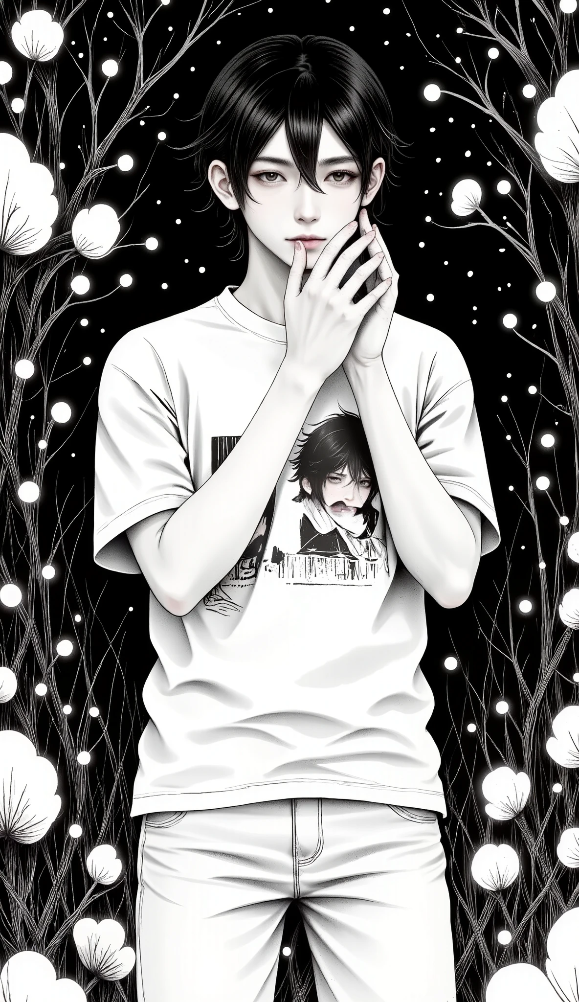  A handsome boy manga anatomically correct ,   full body , Plan General :1.5,  creepy hair   , Perfect centralization   , (franco)by Donnie   ,   standing position   , abstract beauty:1.4, centered,   looking at the camera   medio perfil,   looking at the camera   ,  getting closer to perfection  , sad,   desperation  ,   full body ,   hands on the head  , dynamic,   , seeds, sharp focus, 8K,   high definition resolution  ,   line art illustration   ,   abstract black and white   :1.3,    The Art of Meat by Griffiths and Wadim Kashin ,   Black background. Full HDR .