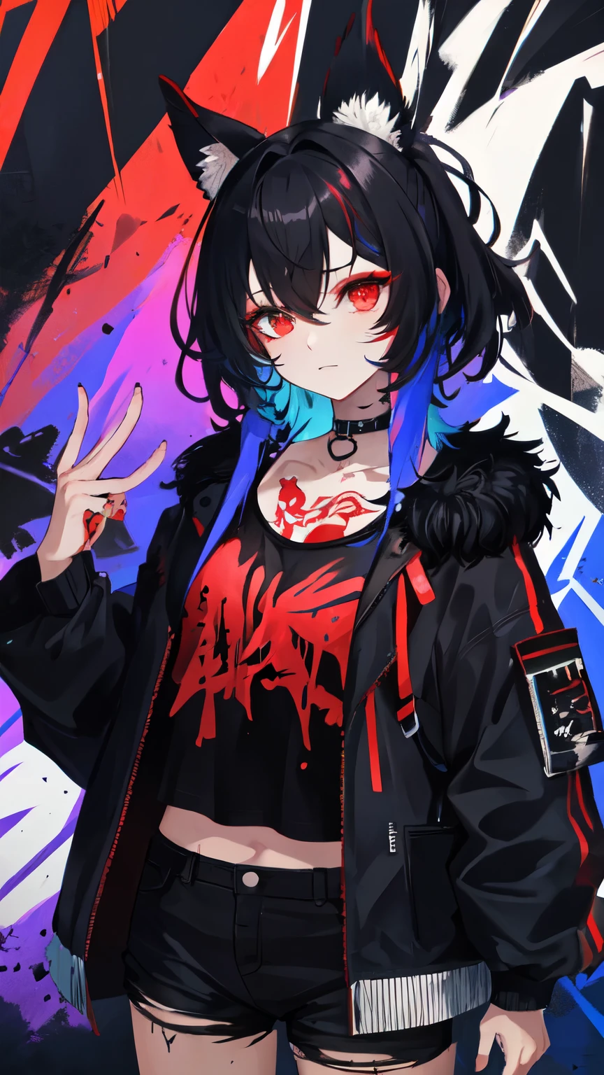 Anime girl with black hair and red eyes in a black jacket - SeaArt AI