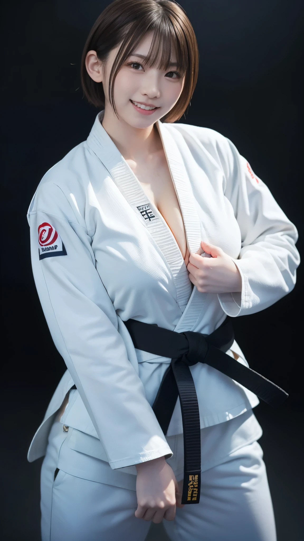 best quality ,masterpiece,Ultra high resolution, high definition RAW color photo , professional photography, natural skin texture , fine skin, Hyperrealism, smiles,gigantic breasts, dark blonde short bob hair,(Judo athlete, white judo suit ,black belt ),(minimal background ), Shrimp(fighting stance), erect nipples