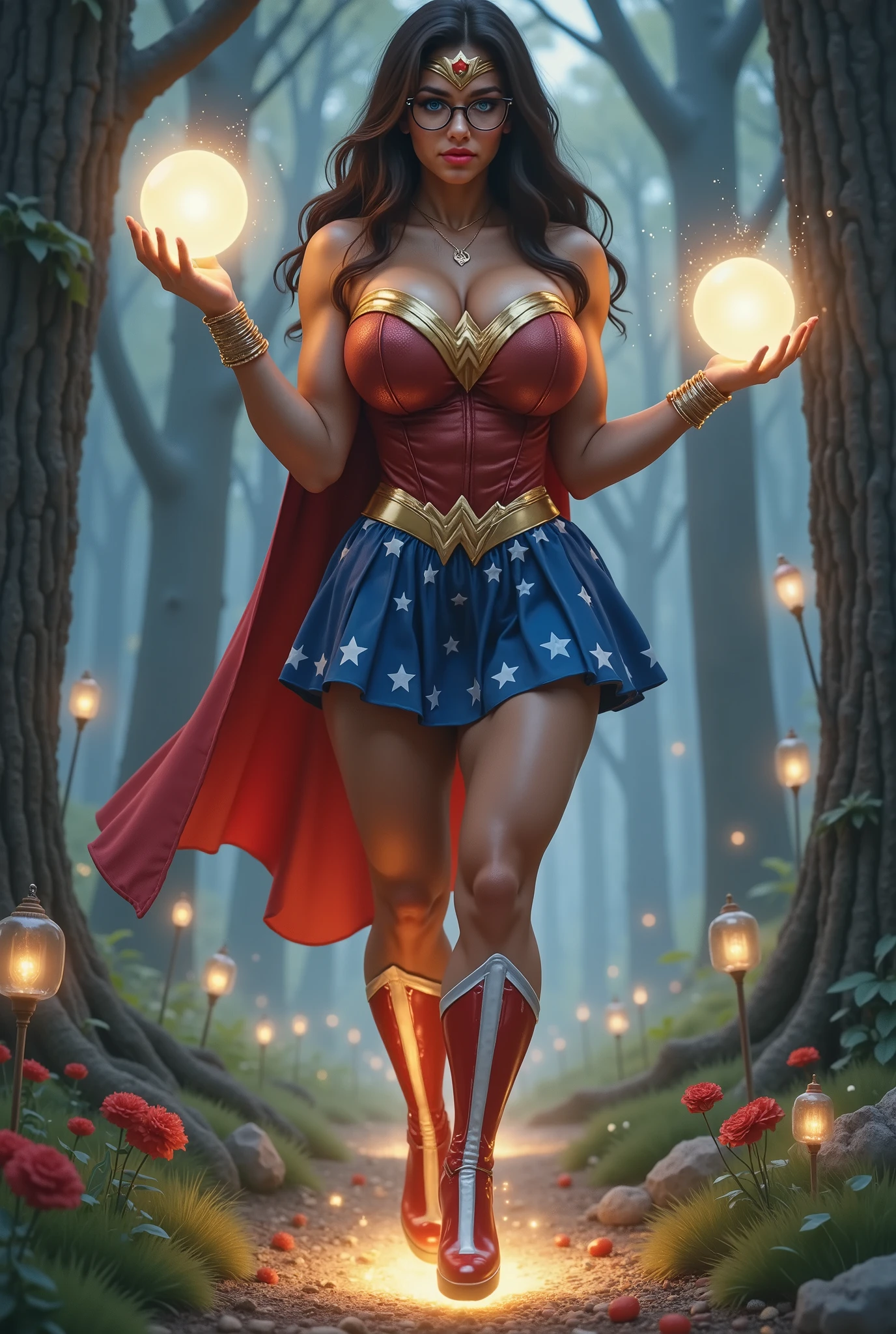 Buxom blonde Wonder Woman, blue eyes, cleavage, choker, on her knees inside a haunted pumpkin patch at night