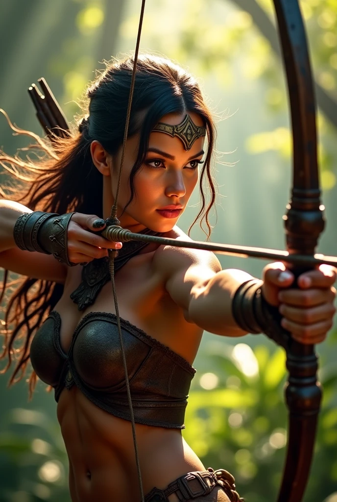 (masterpiece, best quality:1.5), highest quality, High resolution, super detailed, Realists, Upper body photo of a black female archer, black skin, detailed and beautiful eyes, beautiful detailed lips, very detailed eyes and face, longeyelashes, Archer in shiny satin dress, Simple details in the fabric. Beautiful and colorful makeup, Updo, Gardens as background, bright daylight, bright colors, fine brushstrokes, Portrait style, beautiful color palette, glowing skin, First-class rendering, that captures every detail, enchanting atmosphere, (perfect anatomy:1.2), (The stunning archer holds a bow. (magnificent panorama view:1.2)