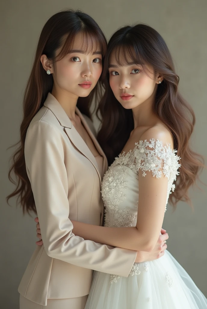 2Man Woman、Inside a European castle、Staring at each other、Longhaire、Eyes closed、Wearing maid clothes、look from above、close up of face