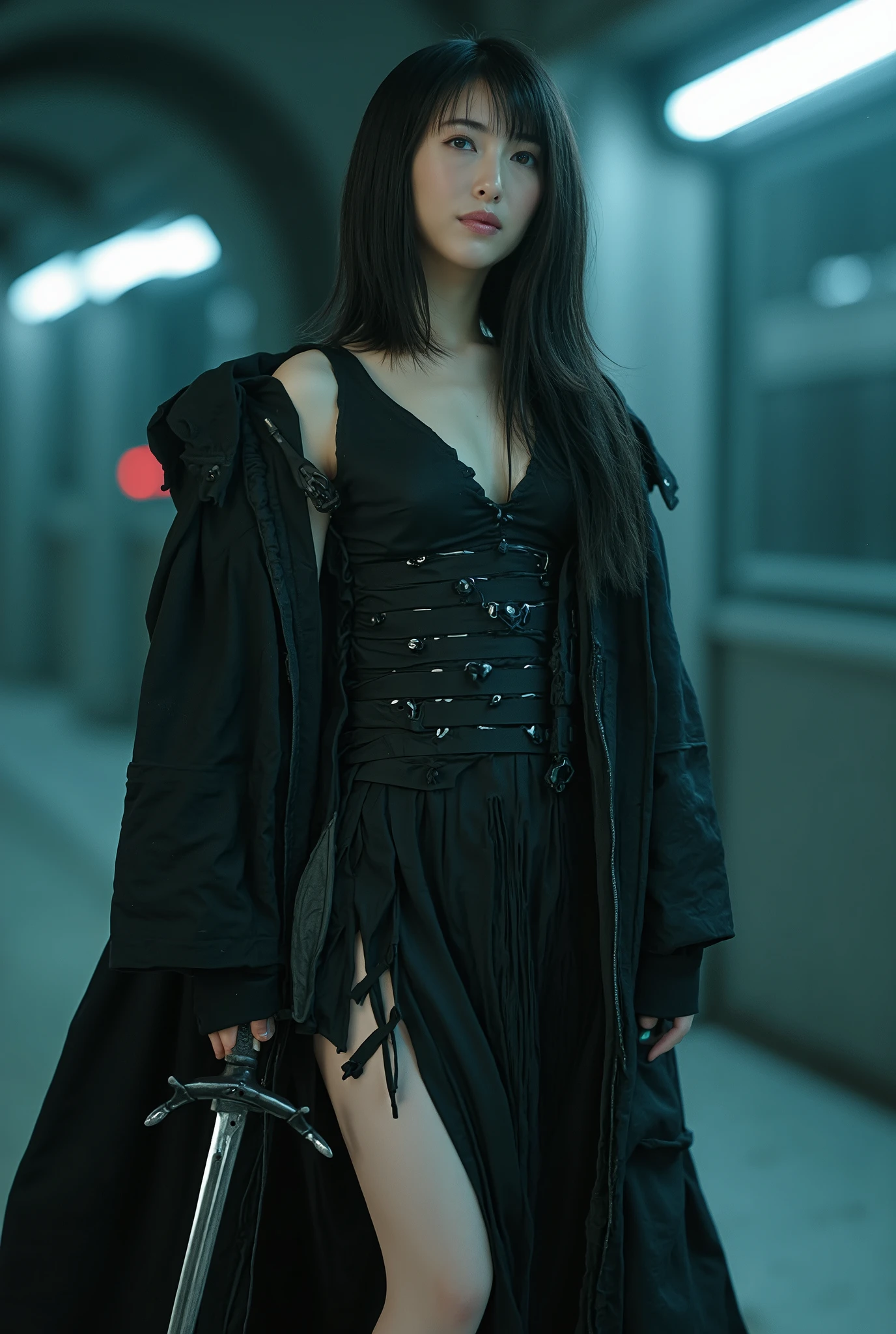 (((Hold a cyberpunk-style Japanese sword:2.0))), ,((whole body:2.0)), one woman,( cute face),(Beautiful well-balanced face ),( natural big breasted :1.5),( black hair:1.5),( beautiful eyes:1.3),Glamorous shot of a 20 year old Japanese woman , Slender Beautiful Body ,( model body type:1.3),(Slim body:1.3), perfect body line, Ideal Proportions ,(( big breasts:2.0)),Bare thighs,Voluptuous thighs, delicate body,( Shrimp),A harmonious posture,(Realistic breast depiction ),(Realistic depiction of areolas), carefully depicts limbs based on perfect anatomy ,((Futuristic ninja-style black military vest :2.0)),((Perfect Naked:1.5)),(((I can't wear panties:2.0))),(((( lower body nude:1.5))),((A samurai kimono-style military coat with an open front over a nude body:2.0),(ear monitor:1.5),((Tactical Holster:1.5)),( gloves:1.3), concept art,((( HR Gigger-style cyberpunk atmosphere :2.0))),( best quality :1.5),(masterpiece:1.5),(超高resolution),resolution,UHD,( Delicate Depiction), carefully drawn with butterfly wings ,32K,(( realistic skin texture:1.5)),((( Ultra Realistic:1.5))),Draw eyelashes carefully, very detailed face,Highly detailed female hand,Sexy appearance,Very sensual,(((The dark interior of the Nostromo ship :2.0))),(Blurry Dim Backgrounds :1.5), Polo,( movie lights:2.0),((Blade Runner Style Light :2.0))