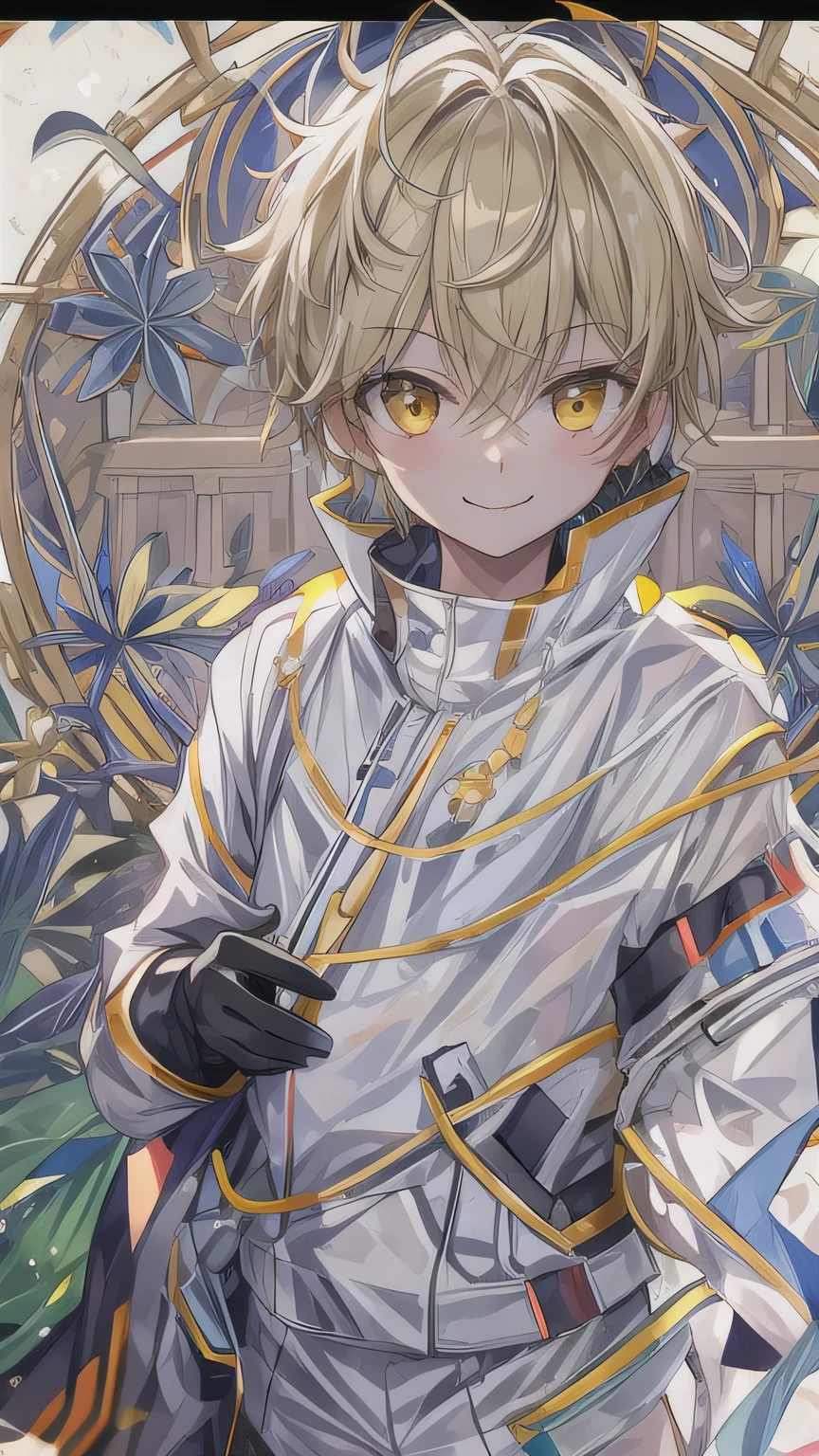 a boy with short hair, wearing a white lab suit and white clothes, sparkling golden eyes , In a dark castle background ,Stand casually,带着Dangerous Smile , weird eyes , Ancient ruins ,Smile, bright eyes, dark cold background , Malicious , dismissive dark world background ,Light blond short hair , messy hair , handsome, black boots , Dark Smile , Dark Background , Dangerous Smile , black gloves , Golden eyes