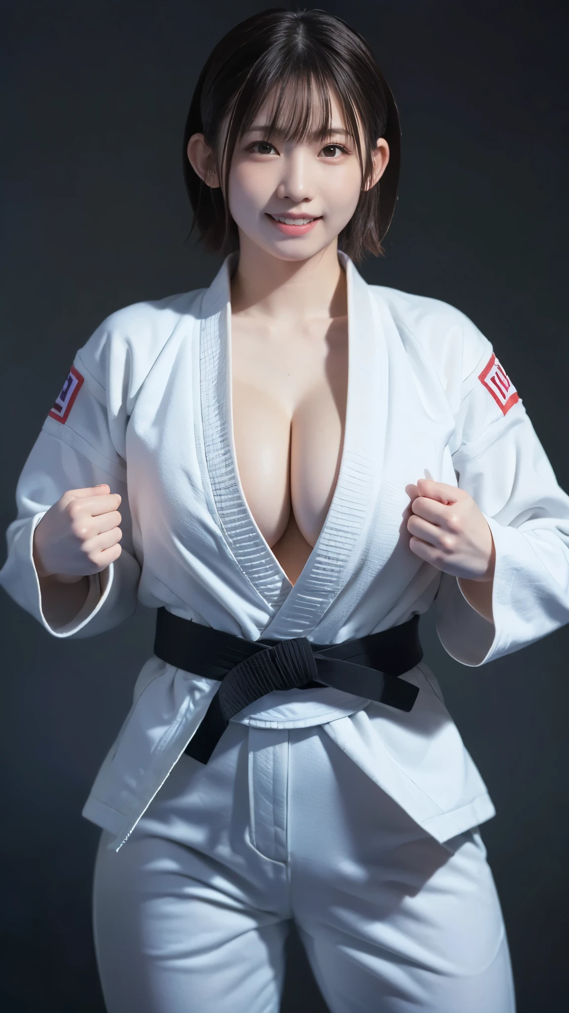 best quality ,masterpiece,Ultra high resolution, high definition RAW color photo , professional photography, natural skin texture , fine skin, Hyperrealism, smiles,gigantic breasts, dark blonde short bob hair,(Judo athlete, white judo suit ,black belt ),(minimal background ), Shrimp(fighting stance), cleavage in years