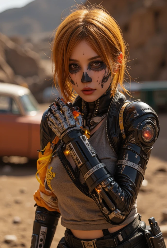 A highly detailed and realistic skull girl,( Anya. Taylor Joy) cyberpunk character, mad max furiosa, one hand robot, cyborg arm, orange hair, dramatic metal heavy rock theme, best quality, 8k, hyperrealistic, photorealistic, extreme detailed painting, studio lighting, vivid colors, dark moody atmosphere, cinematic, dramatic pose, intricate mechanical details, glowing energy effects, intense gritty textures, seamless integration of organic and inorganic elements. Wearing the used clothes of a wastelander. Background: An apocalyptic wasteland. Dusty and depressing.