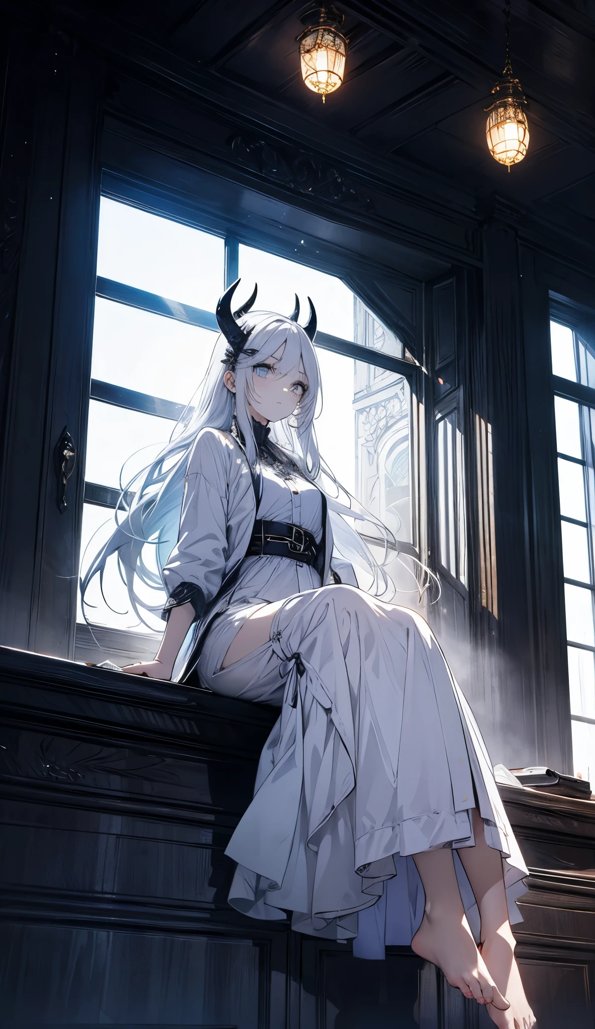 a demon girl , ((((sitting in profile)))), (((( long white horns )))), ((((cabelos brancos, long straight hair )))), ((((white eyelashes)))), Neon blue eyes, (((( completely white clothes )))), white skin , ((( demon girl with a light and delicate smile, gently touching her hair , calm and peaceful expression , delicate feet))), Face of purity , full body costume, ((((It's in a bright environment with white lights)))), { 16k CG unit wallpaper}, expansive landscape photograph , ( a view from below focusing on the character and the setting ), ( wide view of open field ), ( Low-angle photo ), Complex details , ( bright lighting ), ( atmospheric lighting )