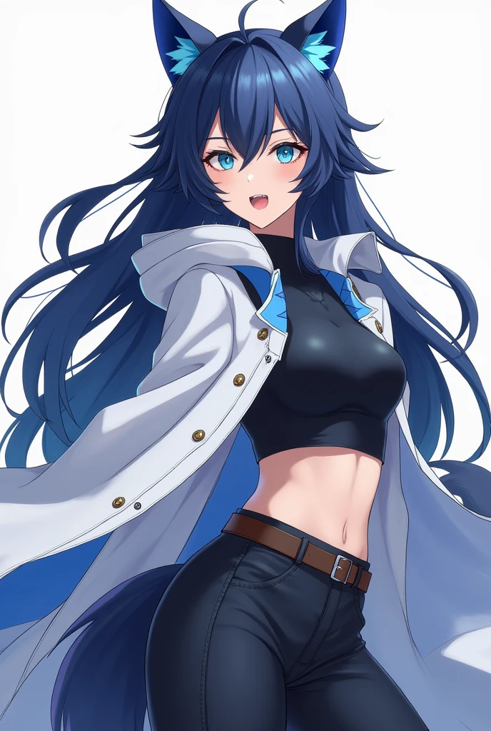 1girl, long hair, multicolored hair, black hair, sidelocks, blue hair, wavy hair, eyeliner, bunny suit, leotard, (jacket), leggings, fake bunny ears, blush, embarrassed, crossed arms, looking away, pout, black background, sharp focus, masterpiece, score_9, score_8_up, score_7_up