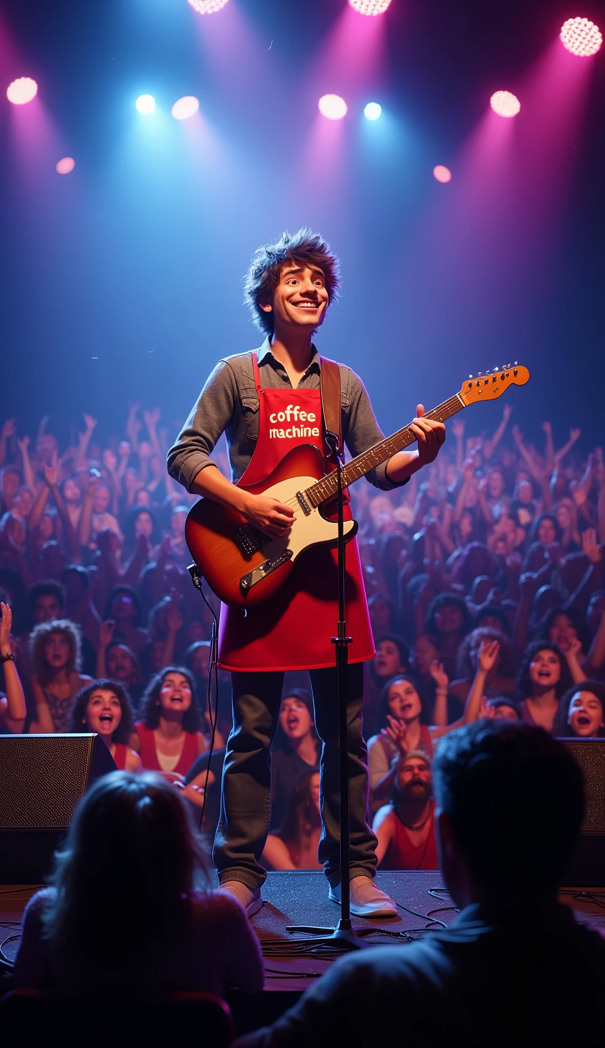 Pixar style 3D: a guy on a stage at a rock concert, wearing a red apron with the words 'Coffee Machine', playing guitar in front of a crowd high details 4k