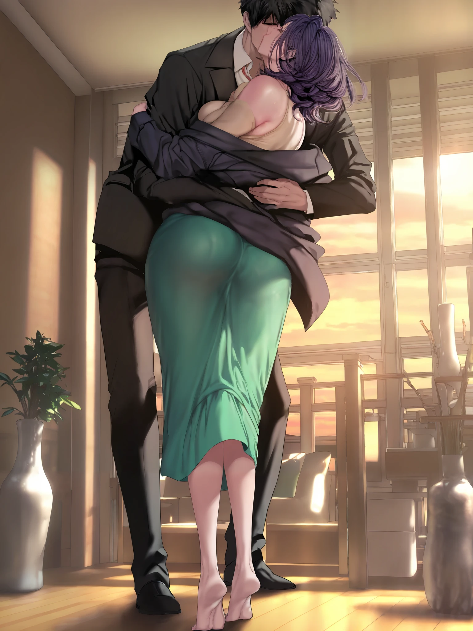 1girl,kim mi-jung,mature female,kiss,1boy,hetero,breasts,long skirt,tiptoes,skirt,black hair,formal,shirt,short hair,green skirt,closed eyes,suit,indoors,indoor,large breasts,the girl didn't wear a coat,bare shoulders,ceiling window,purple hair,white shirt,standing,off shoulder,huge breasts,pants,from_side,huge ass,no face male,girl not wearing a jacket,hug,living room,vase,long sleeves,black jacket,black hair,producer (idolmaster),leaning forward,jacket,masterpiece, best quality,official art,amazing quality,very aesthetic,newest,absurdres,