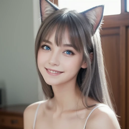 (Masterpiece: 1.2, best quality ), (Actual photo, complicated details), 1. Lady, Alone, upper body, casual, shoulder-length hair , minimal makeup , Natural Fibers, face close-up, smile, Home, Gray Hair, blue eyes, Cat ears,