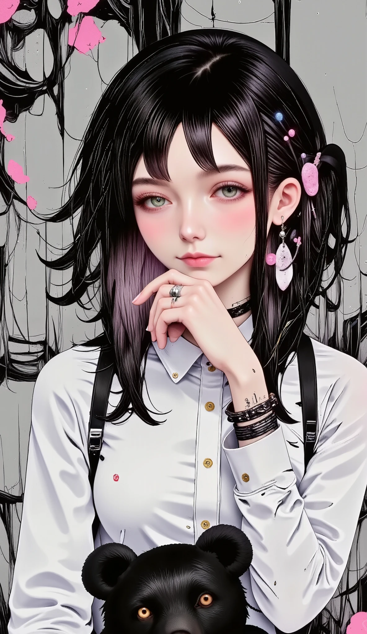Manga style:1.5,  Close-up of a young woman with tattoos on her arms and left cheek,  bangs up to her eyebrows  , light eyes,  her head tilted slightly downwards  ,  looking at the camera  ,  boucles sur les côtés de sa tête  ,  wears long hair with braids Care  ,  black hair,  boucles d'oreilles dans chaque oreille  ,  elle appuie son menton avec les deux mains  ,  she wears rings  ,  tie suit on the top and shoulders  ,  jupe courte moulante  ,  long half-transparent black hair  , bracelets on her hands,  has a black teddy bear on her knees  ,  gray background with different brushstrokes  , gothic style:1.3, sombre, Your expression is one of sadness  ,  digital art by Hikari Shimoda   , dans CGSociety  ,  surréalisme pop   ,  low quality pop surrealism  ,  surréalisme pop   low quality art style, Beeple y Jeremiah Ketner,  Japanese pop surrealism  , Cute kawaii, low quality art,  bel art détaillé  ,  illustration in the style of Guweiz  ,  surrealist pop art style 