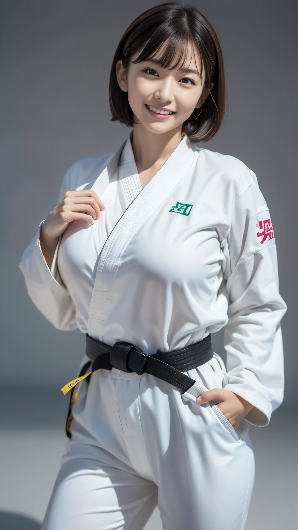  best quality ,masterpiece,Ultra high resolution, high definition RAW color photo , professional photography, natural skin texture , fine skin, Hyperrealism, smiles,gigantic breasts, dark blonde short bob hair,(Judo athlete, white judo suit ,black belt ),(minimal background ), Shrimp(fighting stance)