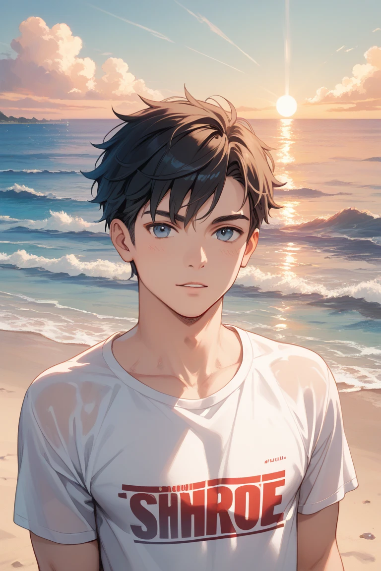 highest quality、Realistic、boy、zoom、cute、Grey Eyes、Black Hair、the forehead is protruding、Medium Hair、Swimwear、Looking down、smile、Bust Shot、Ocean、Sunset