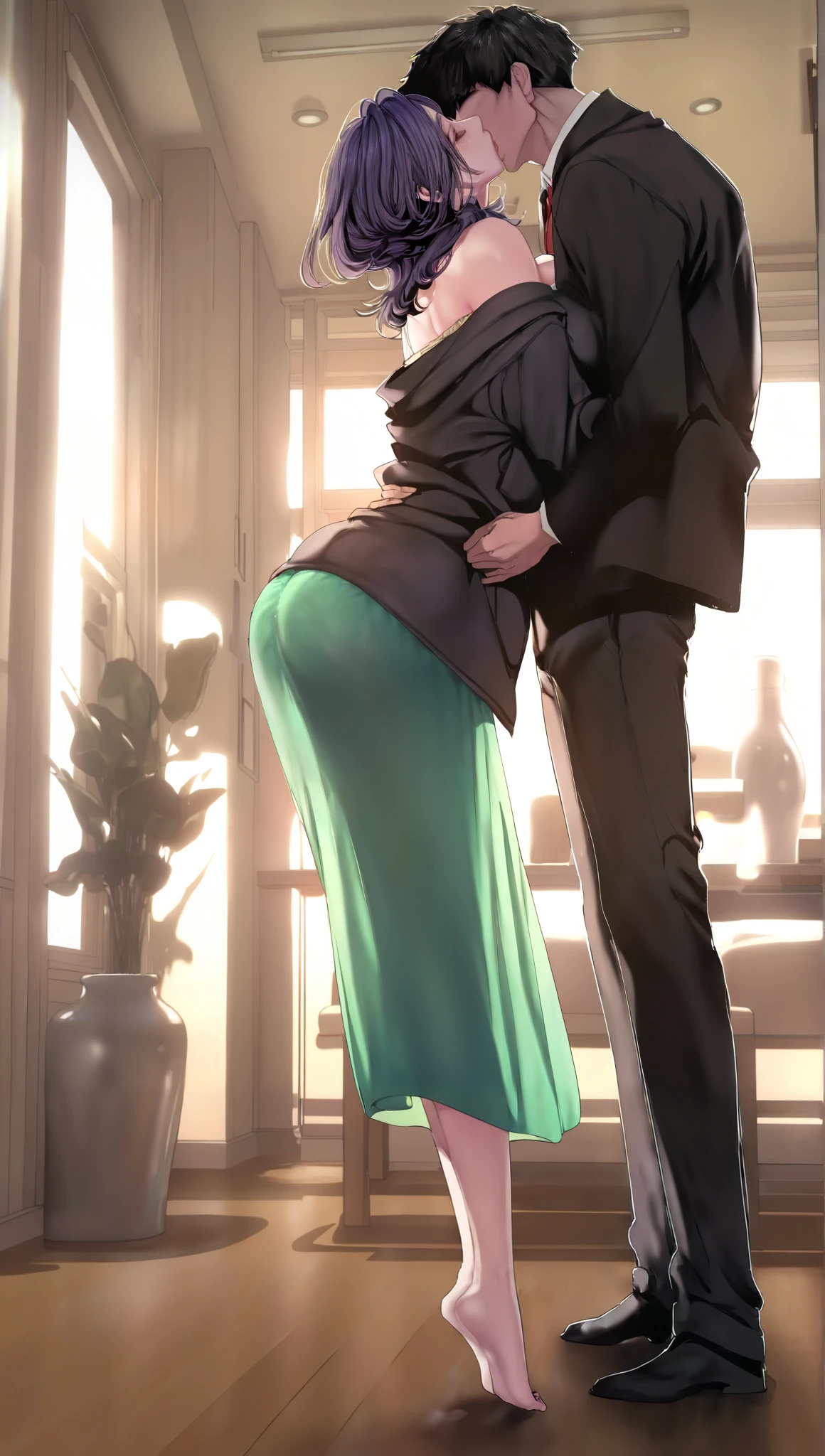 1girl,kim mi-jung,mature female,kiss,1boy,hetero,breasts,long skirt,tiptoes,skirt,black hair,formal,shirt,short hair,green skirt,closed eyes,suit,indoors,indoor,large breasts,the girl didn't wear a coat,bare shoulders,ceiling window,purple hair,white shirt,standing,off shoulder,huge breasts,pants,from_side,huge ass,no face male,girl not wearing a jacket,hug,living room,vase,long sleeves,black jacket,black hair,producer (idolmaster),leaning forward,jacket,masterpiece, best quality,official art,amazing quality,very aesthetic,newest,absurdres,