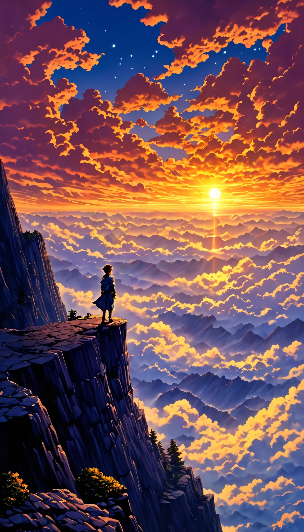 Anime style, a painting of a boy on the edge of an abyss in the sky, landscape anime , inspired by the Hildebrandt brothers, inspired by the Hildebrandt brothers, by David B . Mattingly , !!!!!!! by the Hildebrandt brothers !!!!!! detailed landscape art , by the Hildebrandt brothers
