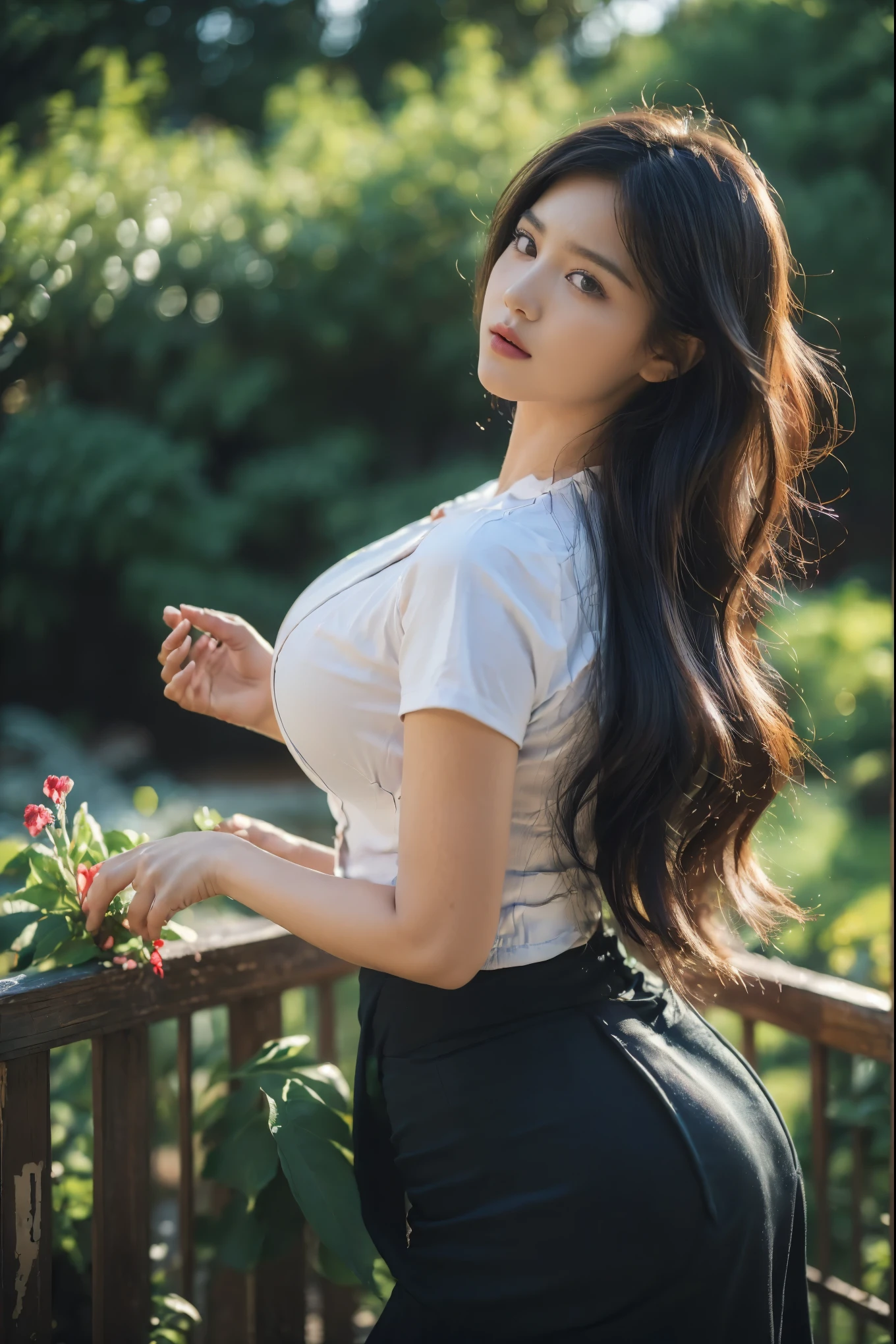 ((Best Quality, 8k, Masterpiece:1.3))), Crisp Focus: 1.2, (Beautiful Woman with Perfect Figure: 1.4) , 、(acmm ls outfit, dark red acmm top, wearing acmm long skirt, dark brown acmm long skirt, printed skirt,)、Long black hair、((((Gigantic Breasts)))Raw photo、、Doppelganger、( portraits), standing,ass focus ,front view,In the floral plants forest background ,film effect 、best position,best composition, perspective view, ultra wide view,(best quality,4K,8K,highres,masterpiece:1.2),ultra-detailed,(realistic,photorealistic,photo-realistic:1.37),HDR,studio lighting,sharp focus,