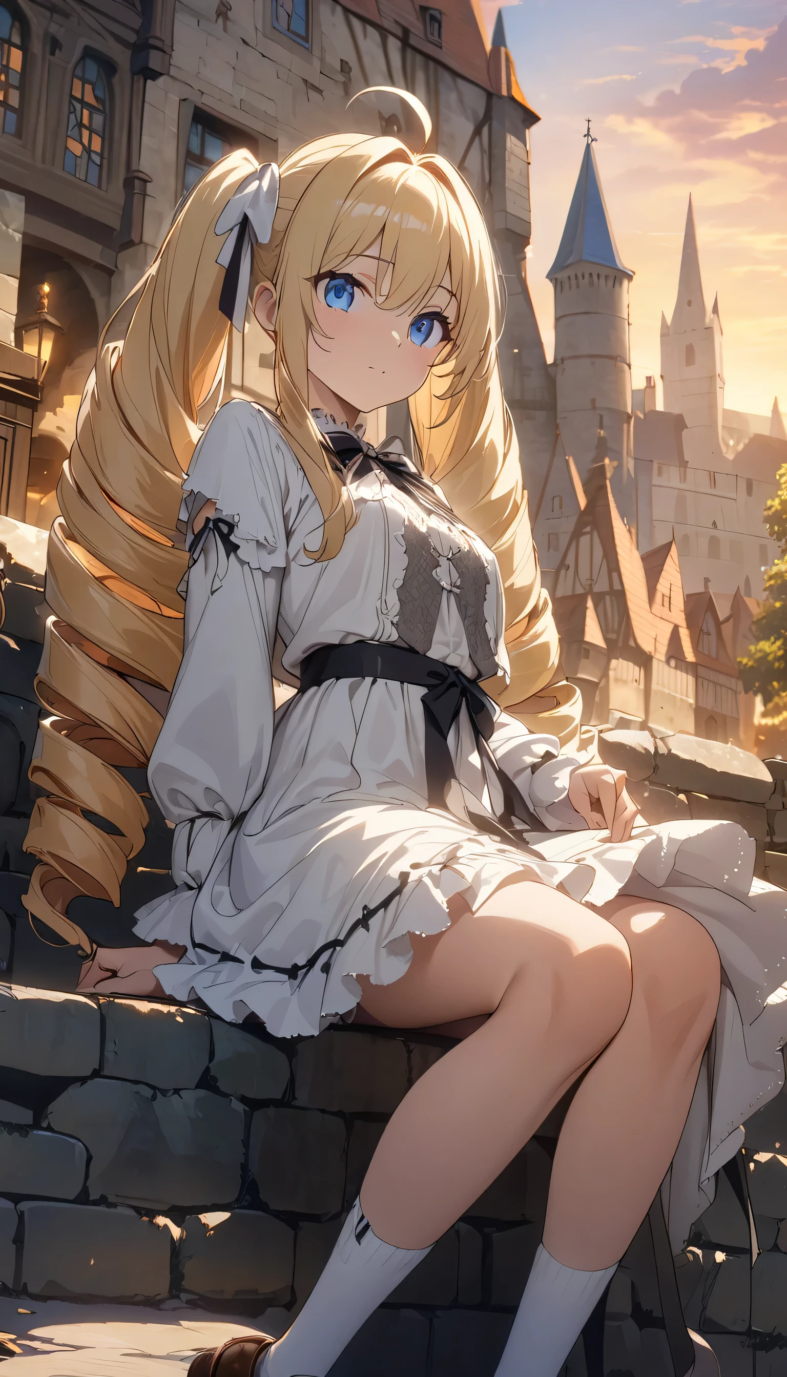 woman、Blonde、Long Hair、Drill Hair、Ahoge、 Twin Tails、Blue Eyes、Tree Eyes、Details、 white ta dress、 big black ribbon on chest 、 loafers、 white socks 、sunset、medieval city square background 、sit、anime、Illustration、Best Quality、 masterpiece、Detailed depiction、, Best Hand