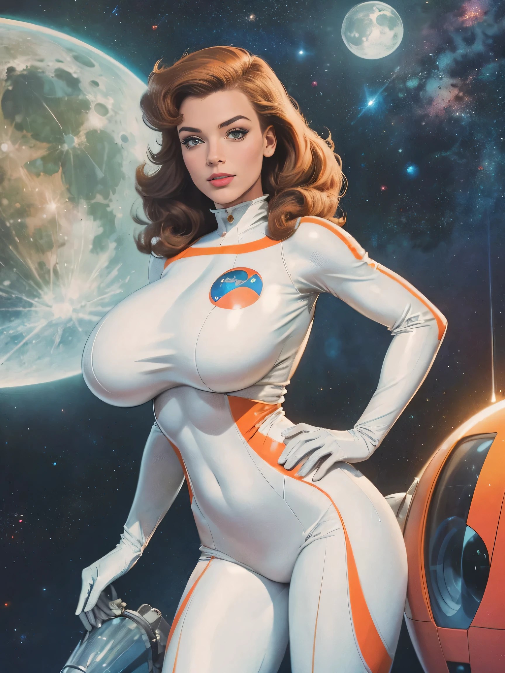 (masterpiece, top quality, best quality, official art, beautiful and aesthetic:1.2), (1girl:1.3), light freckles, fair skin, extremely detailed, portrait, looking at viewer, solo, (full body:0.6), detailed background, close up, (bright space pinup theme:1.1), busty 1950's pinup brunette space girl, charlatan, smiling, happy, mysterious, spacewalk, modest attire, white and orange space suit, spacesuit, helmet, bodysuit, ray gun, long boots, pouches, jetpack, glass helmet, rocket ship, ((((narrow hips, slim sexy body, gigantic breasts)))), slim waist, slim hips, long legs, futuristic (moon exterior:1.1) background, dark mysterious lighting, shadows, magical atmosphere, dutch angle,