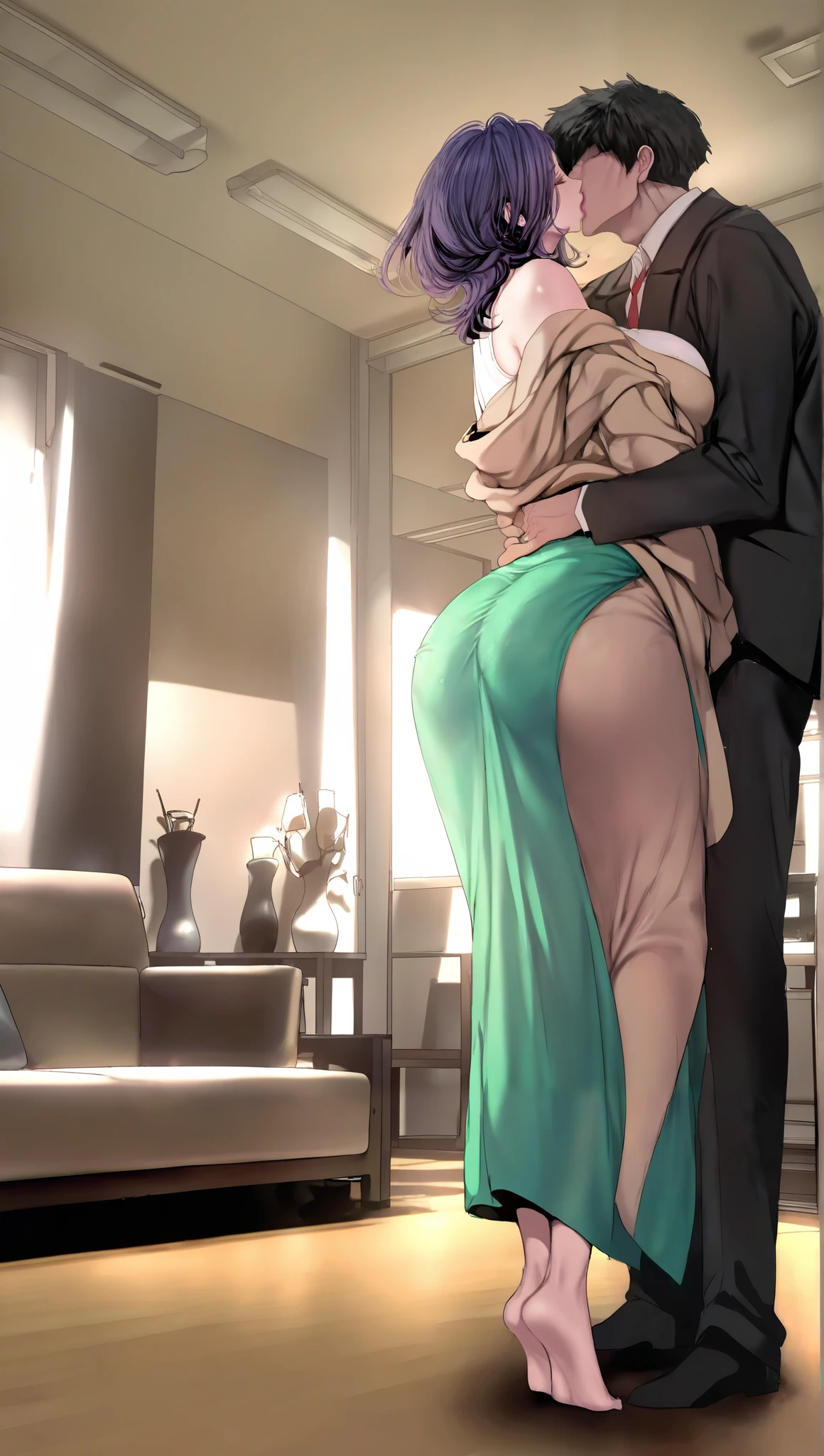 1girl,kim mi-jung,mature female,kiss,1boy,hetero,breasts,long skirt,tiptoes,skirt,black hair,formal,shirt,short hair,green skirt,closed eyes,suit,indoors,indoor,large breasts,the girl didn't wear a coat,bare shoulders,ceiling window,purple hair,white shirt,standing,off shoulder,huge breasts,pants,from_side,huge ass,no face male,girl not wearing a jacket,hug,living room,vase,long sleeves,black jacket,black hair,producer (idolmaster),leaning forward,jacket,masterpiece, best quality,official art,amazing quality,very aesthetic,newest,absurdres,