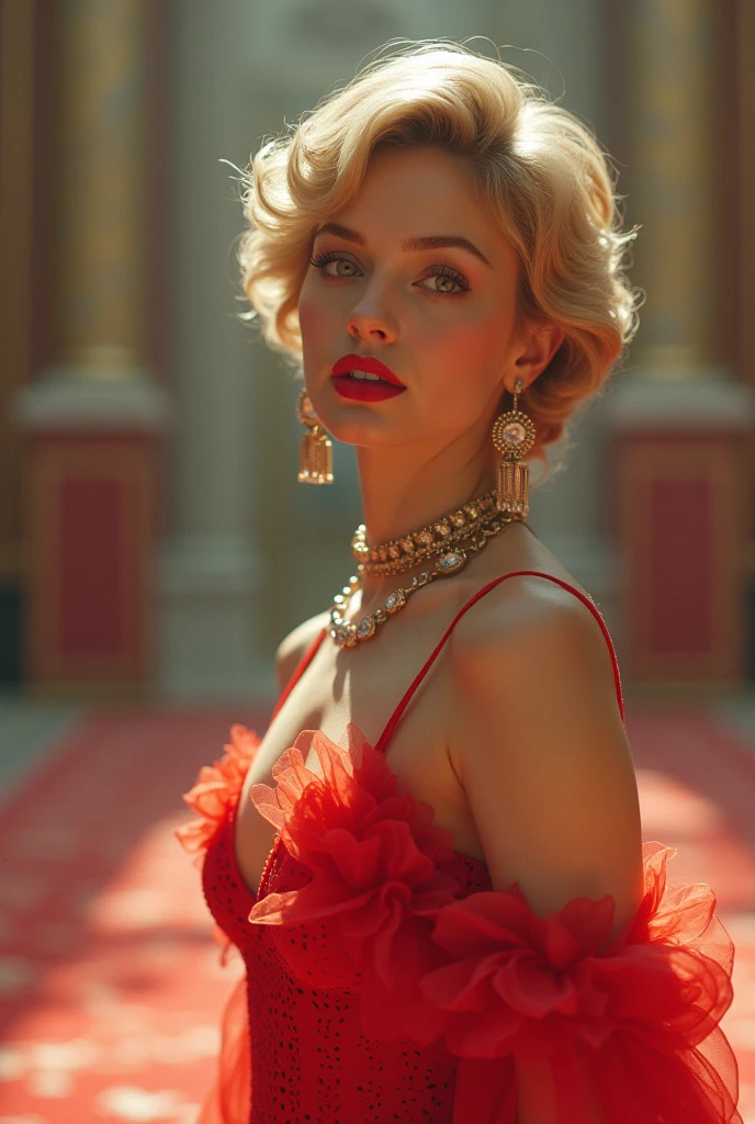 (Masterpiece - Ultra-Detailed, High Resolution) Prepare to be enchanted by a true masterpiece that combines ultra-detailed art with high-resolution rendering. This work shows a mesmerizing woman, with short, light blonde hair, 1950s style, Marilyn Monroe (1.3) and captivating brown eyes (1.2), pointed blinders style, wearing red lipstick, emanating an aura of elegance and mystery. Wearing classic 1950s clothing Intricate details and realistic textures invite you to explore every aspect of this enchanting composition. Close up, transparent red dress. Get ready to immerse yourself in a world where beauty and craftsmanship merge perfectly.